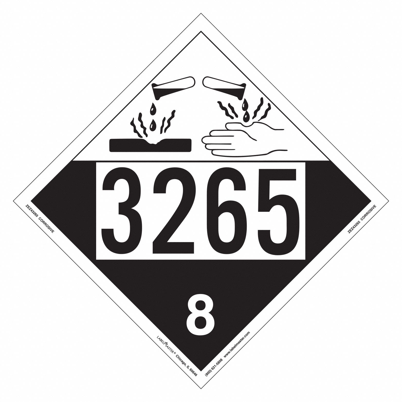 Corrosive Placard: 3265, 10 3/4 in x 10 3/4 in, 10 3/4 in Label Ht, Vinyl, 25 PK