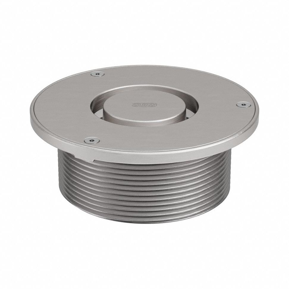 ZURN Strainer: Round, Stainless Steel, Unfinished, 5 in Overall Dia, 2 1/4 in Overall Ht (MPN ZS400-5LR). Key specifications — Brand: ZURN; Connection Type: Screw-In; Finish: Unfinished.