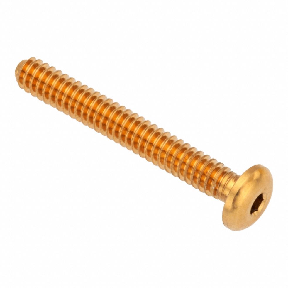 Socket Head Cap Screw: #8-32 Thread Size, 1 3/8 in Lg, Button, Plain, Brass, 360, 0.087 in Head Ht