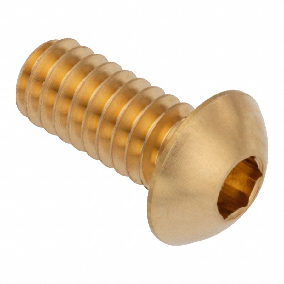 Socket Head Cap Screw: 1/4"-28 Thread Size, 9/16 in Lg, Button, Plain, Brass, 360, 0.132 in Head Ht