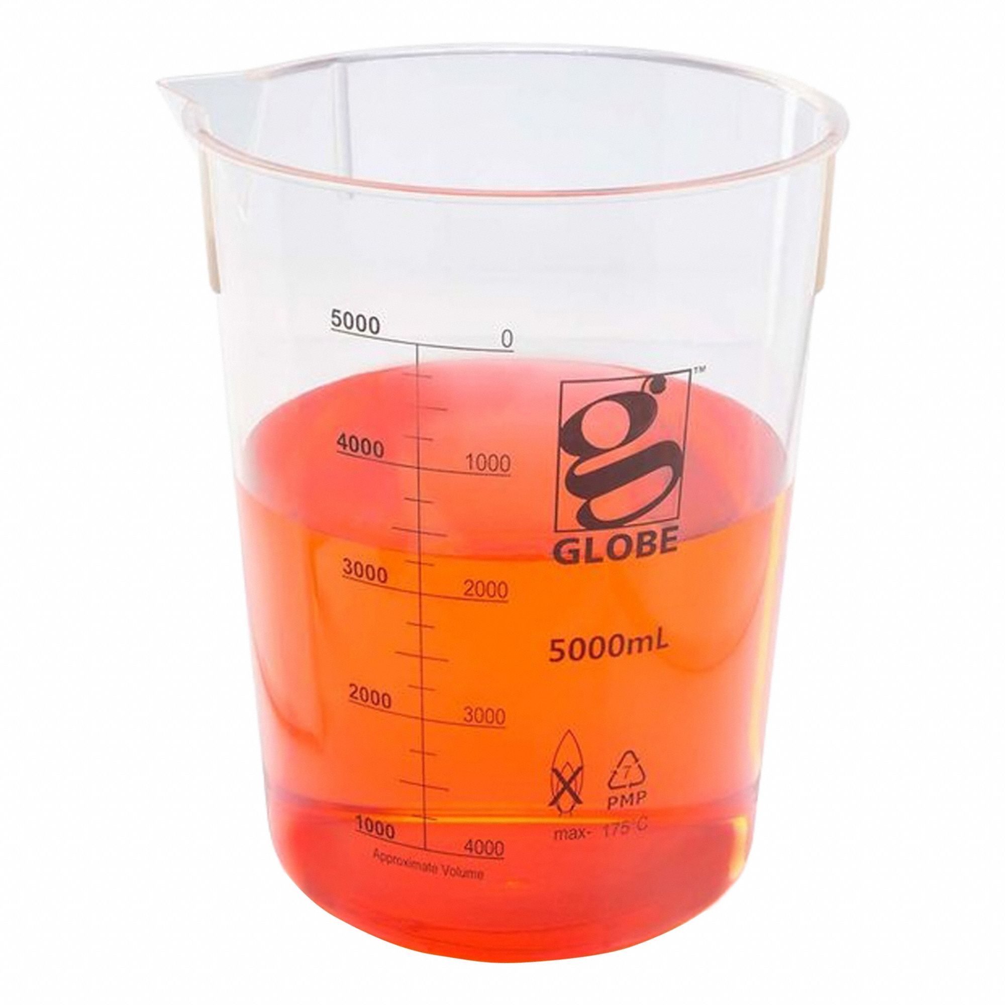 APPROVED VENDOR Beaker: Low Form, Printed Graduation, Polymethylpentene, Clear, 5,000 mL (MPN 3652-5M). Key specifications — Clarity: Clear; Graduation Style: Printed; Body Color: Colorless; Brand: APPROVED VENDOR; Product Type: Beaker; Includes Graduations: Yes; Beaker Type: Low Form.