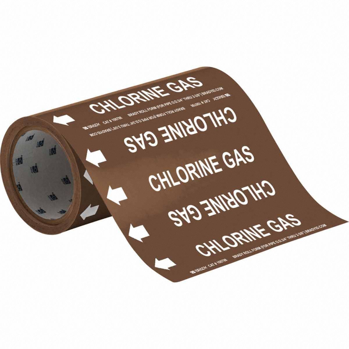 Pipe Marker: Chlorine Gas, Brown, White, Fits 2 in and Smaller Pipe O.D., 30 Pipe Markers