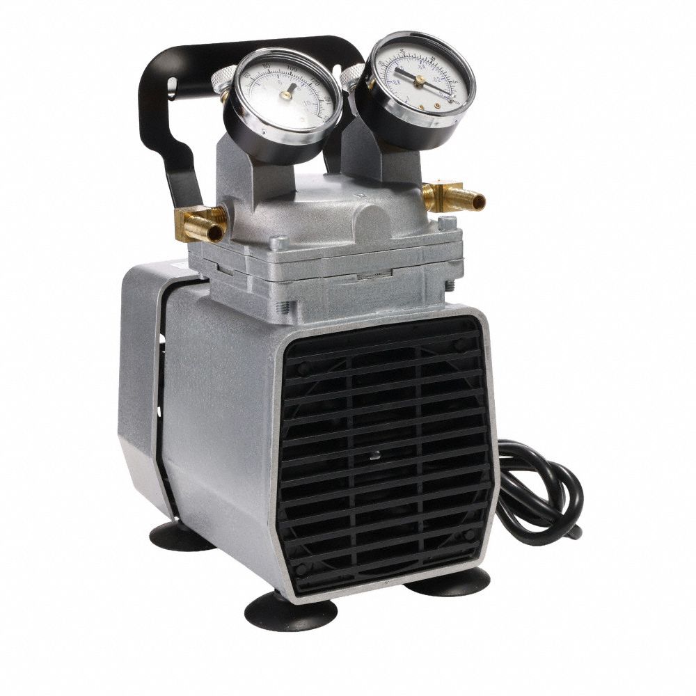 Compressor/Vacuum Pump: 1/8 hp, 115V AC, 25.5 in Hg Max Vacuum, 60 psi Max Continuous Pressure