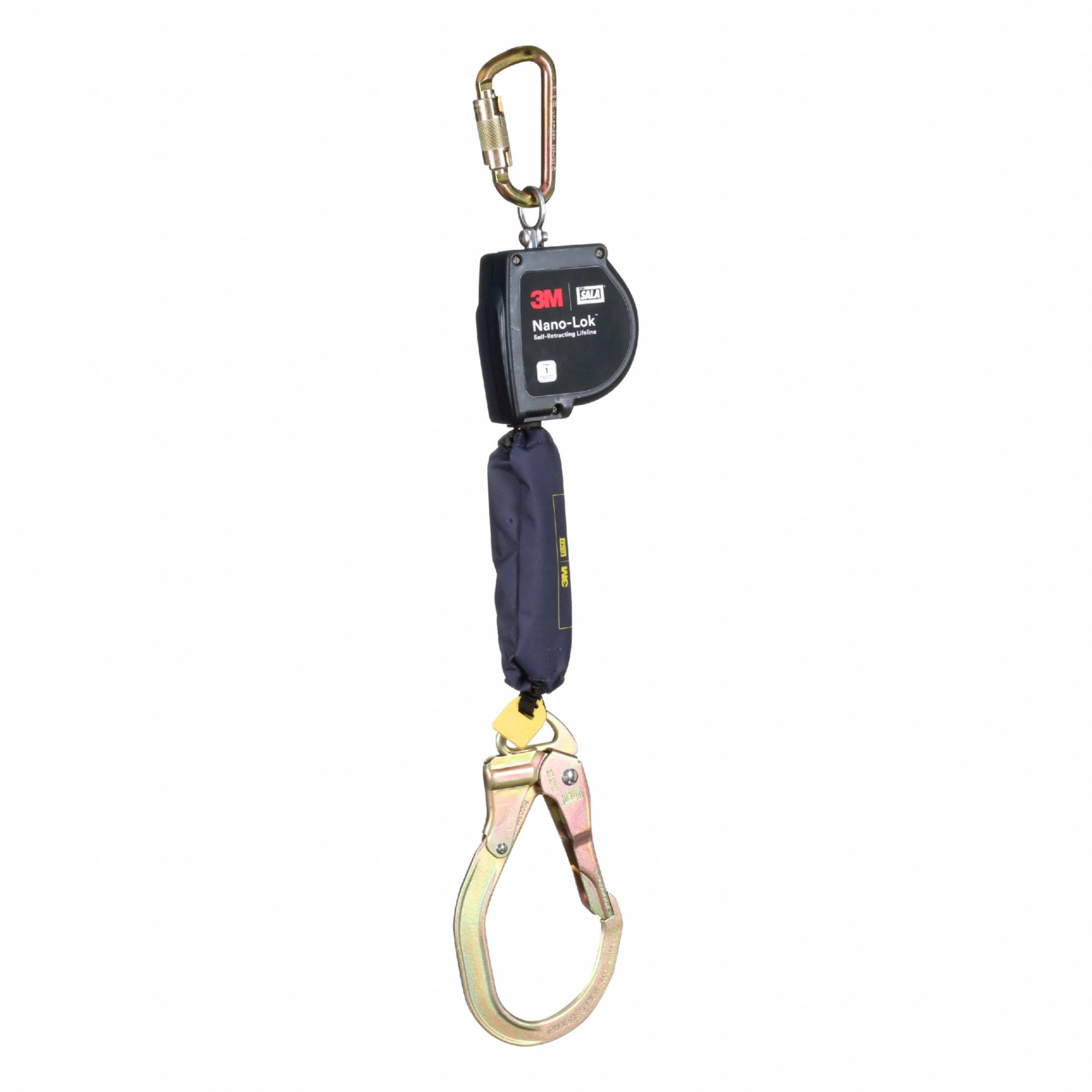 Self Retracting Lifeline: Steel Rebar Hook Anchor, Harness Steel Carabiner, 9 ft Line