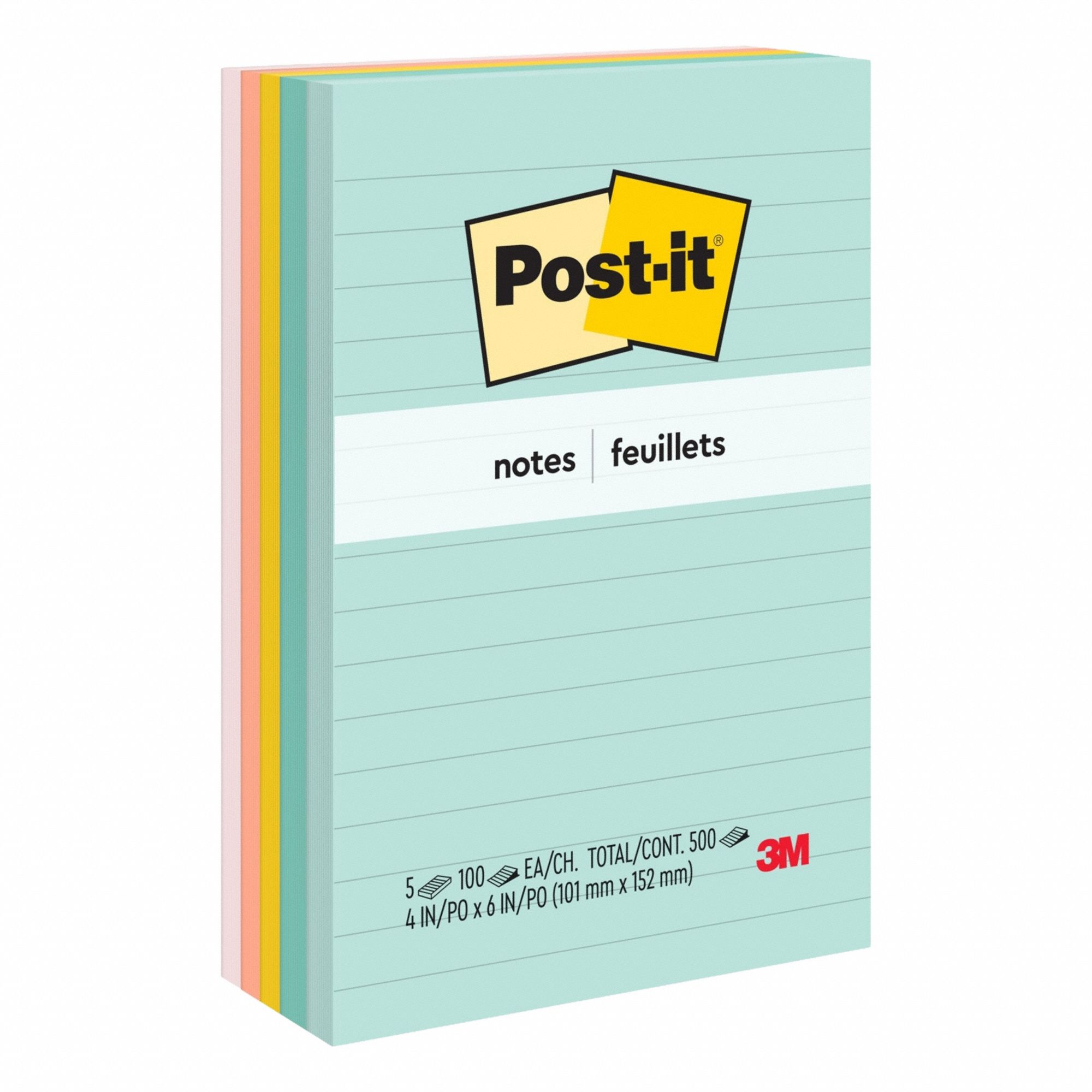Sticky Notes: Assorted Pastel, Std, 100 Sheets per Pad, 5 Pads per Pack, 4 in x 6 in, 5 PK