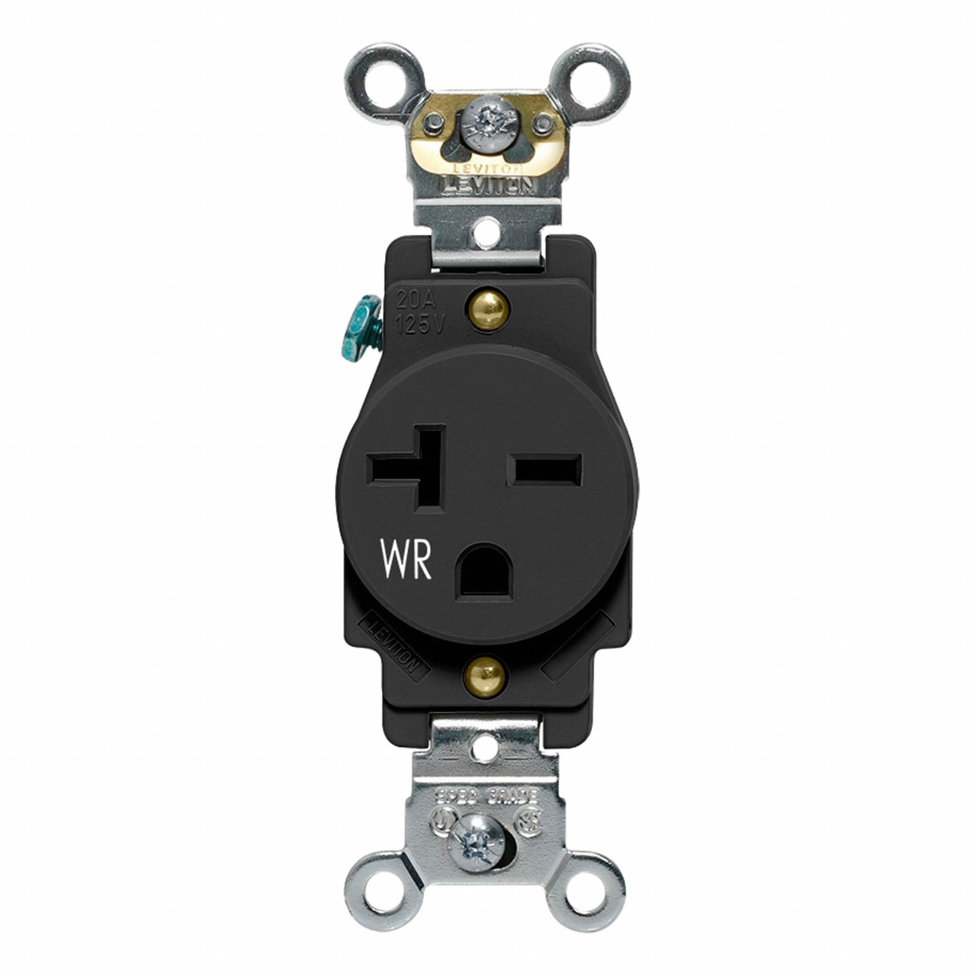 LEVITON Weather-Resistant Single Receptacle: Single, 6-20, Black, 250V AC, 20 A - General Purpose Receptacles