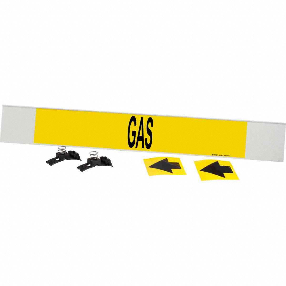 Pipe Marker: Gas, Yellow, Black, Fits 8 in and Larger Pipe O.D., 1 Pipe Markers, With Arrows
