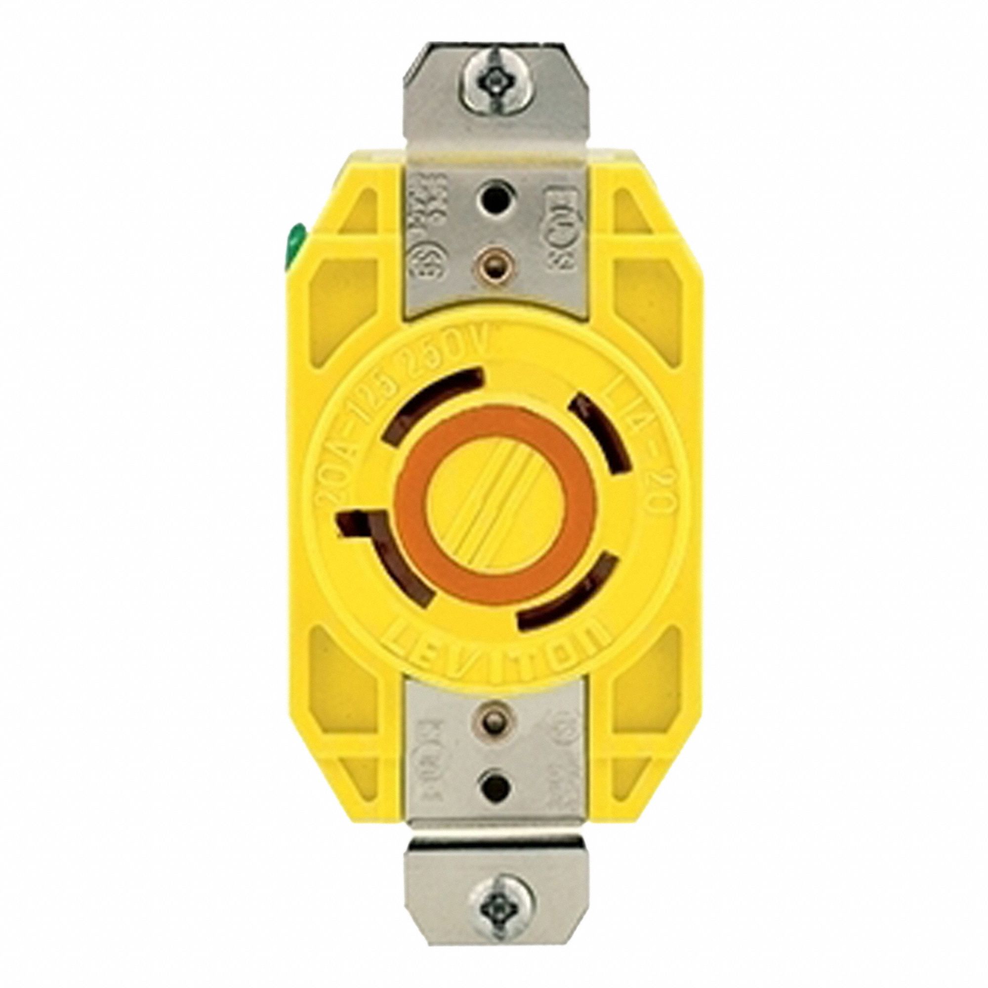 Flush Mounting Lock Receptacle: L14-20R, 20 A, 125/250V AC, Yellow, 3 Poles, Shrouded