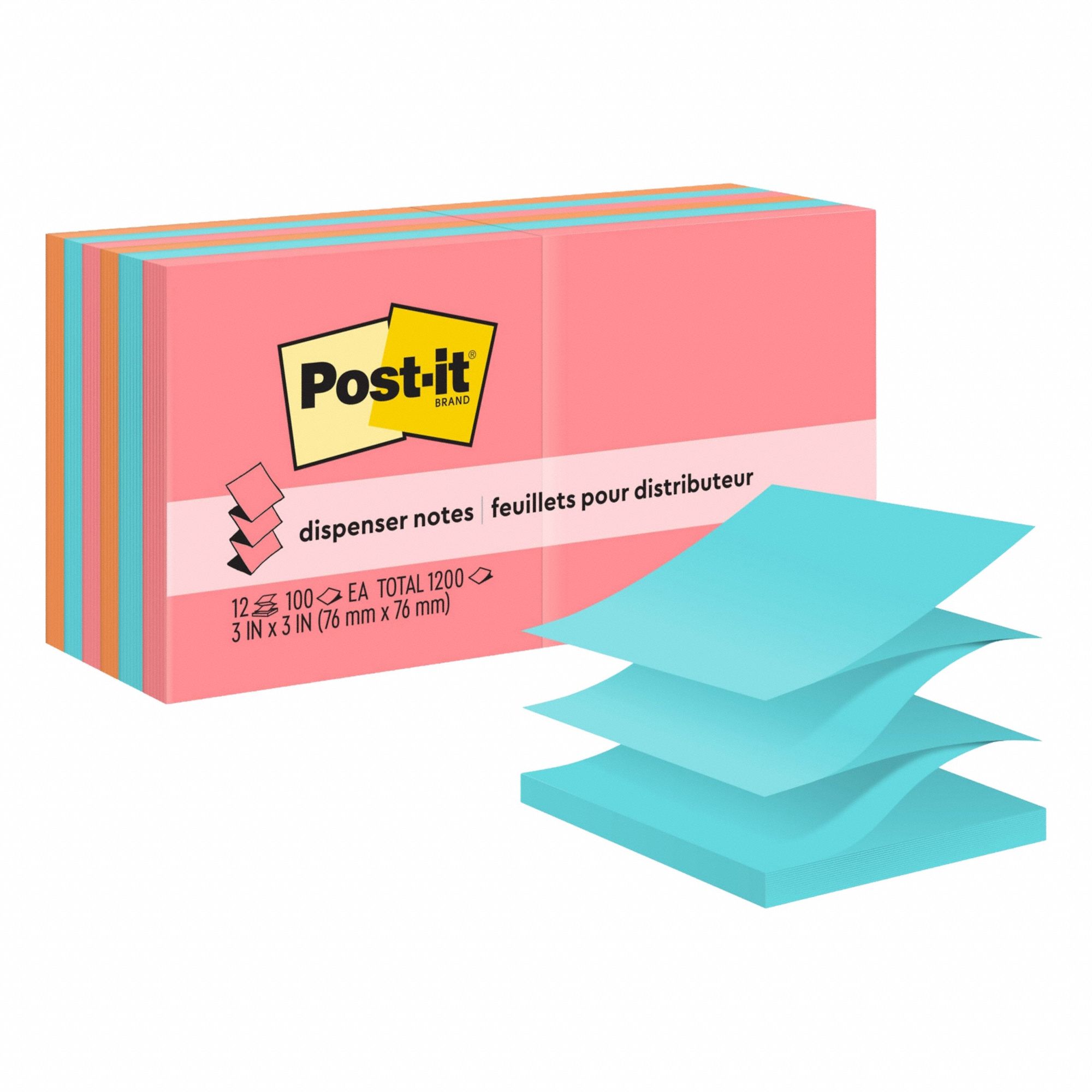 Sticky Notes: Assorted Bright, Std, 100 Sheets per Pad, 12 Pads per Pack, 3 in x 3 in, 12 PK