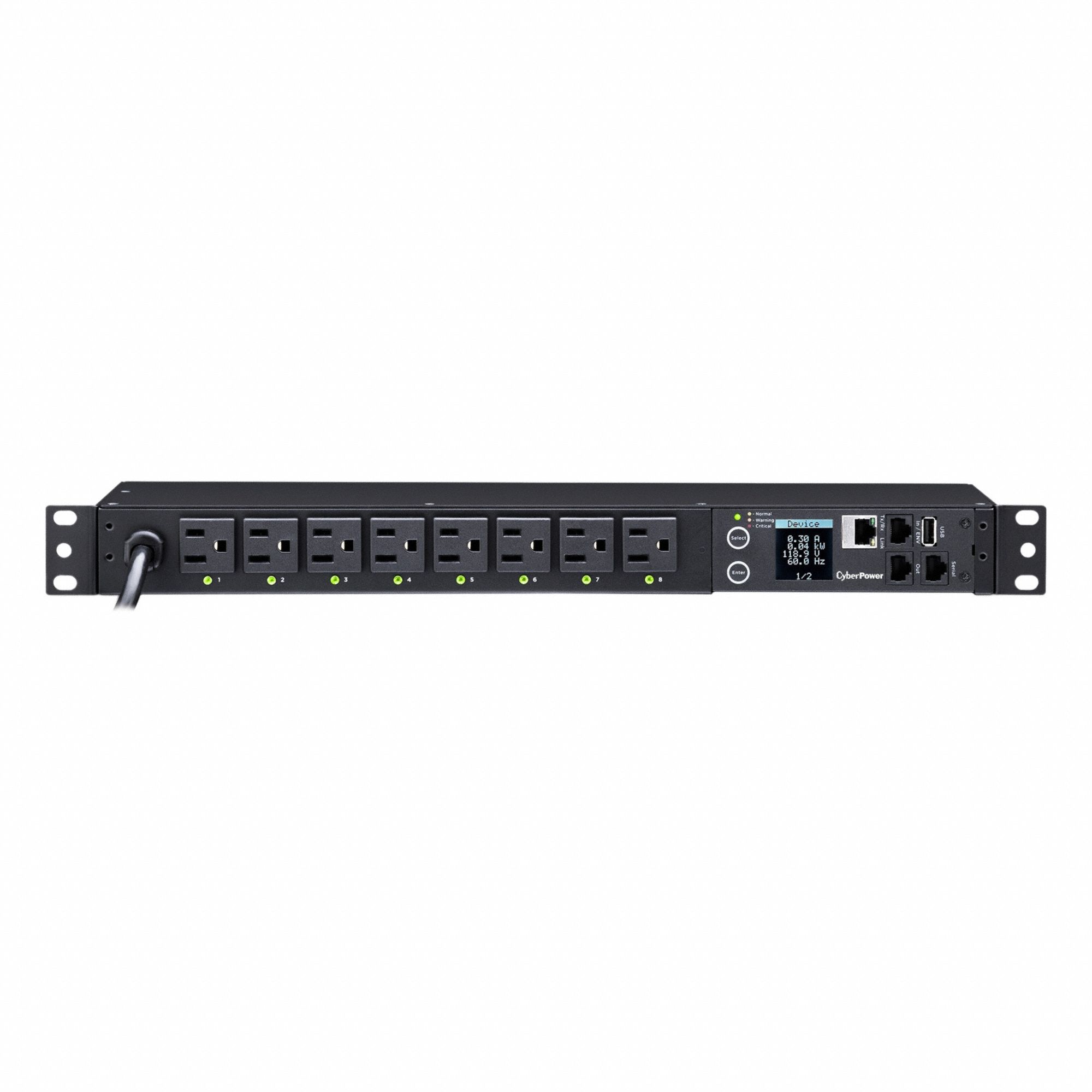 Power Distribution Unit: Single-Phase, 8 Outlets, (8) NEMA 5-15R, Metered, 0_1 RU