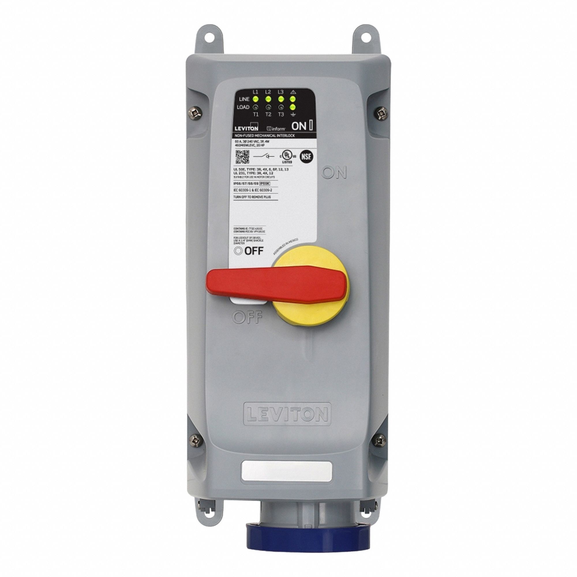 Pin and Sleeve Mechanical Interlock: Non-Fused, 60 A, 240V AC, 20 hp Horsepower Rating