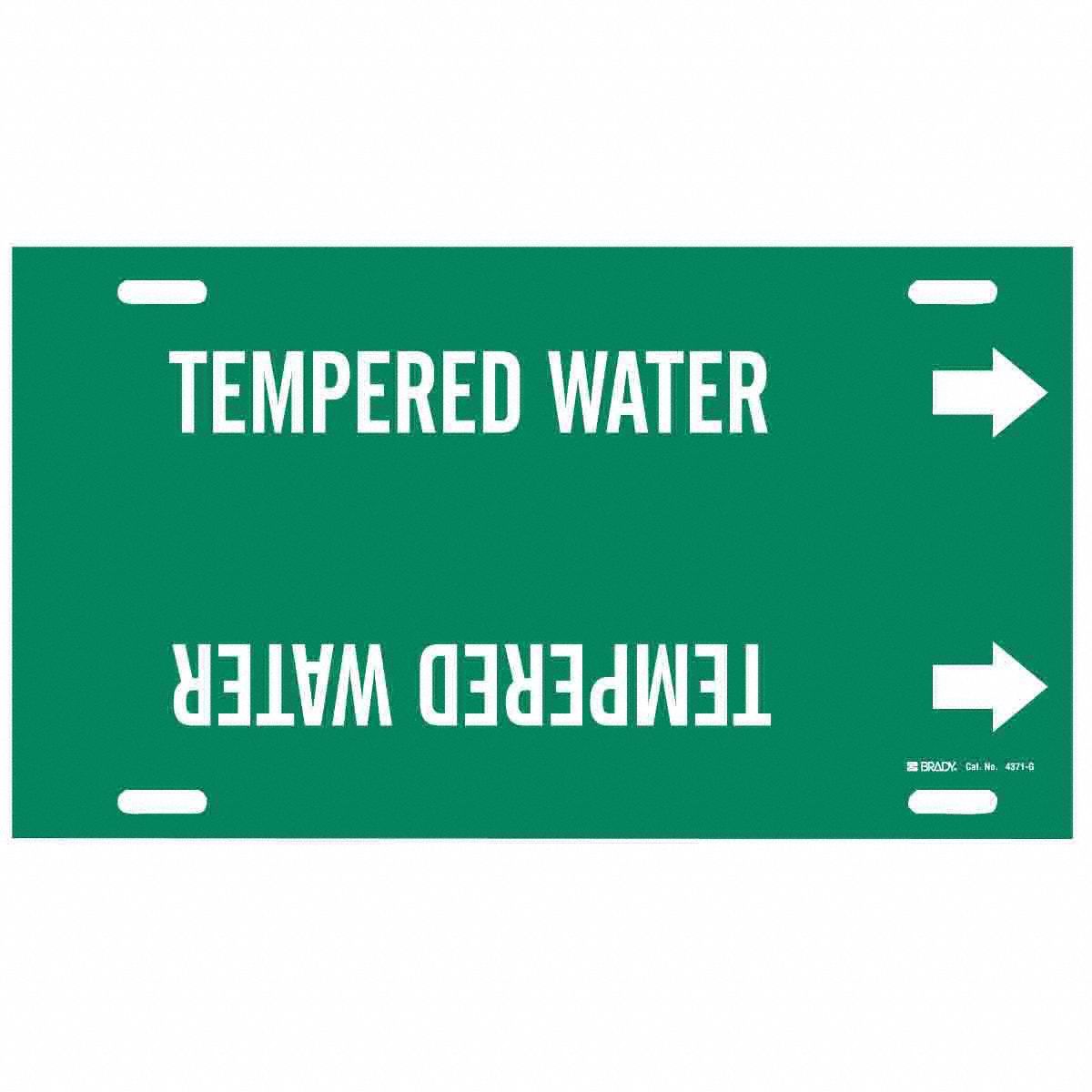 Pipe Marker: Tempered Water, Green, White, Fits 8 to 9 7/8 in Pipe O.D., 1 Pipe Markers, With Arrows