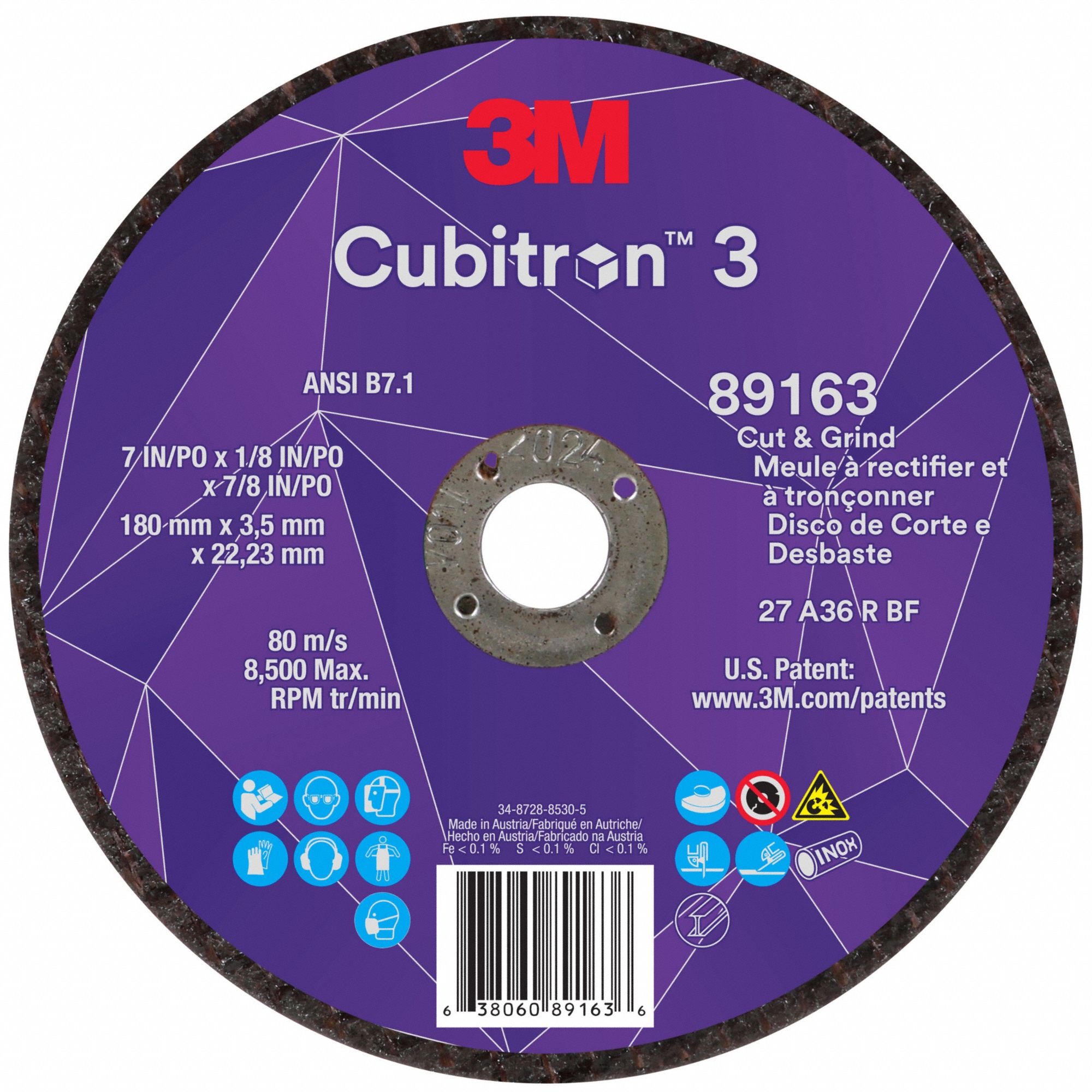 Cut-Off and Grinding Wheel: Type 27, 7" x 1/8" x 7/8", Ceramic, 36 Grit