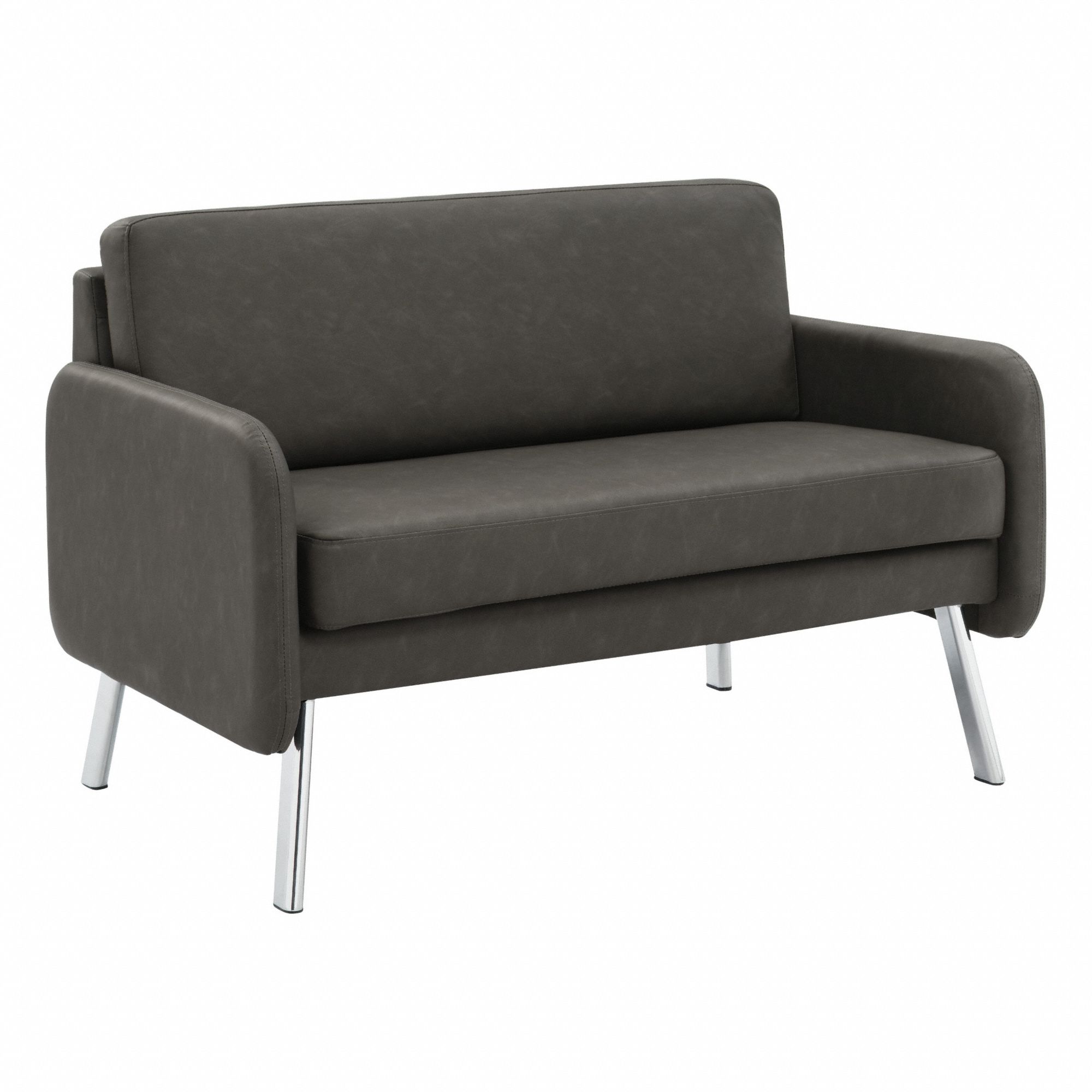Sofa: Gray, Silver, Faux Leather, Metal, 42 1/2 in Seat Wd, 18 1/2 in Seat Dp