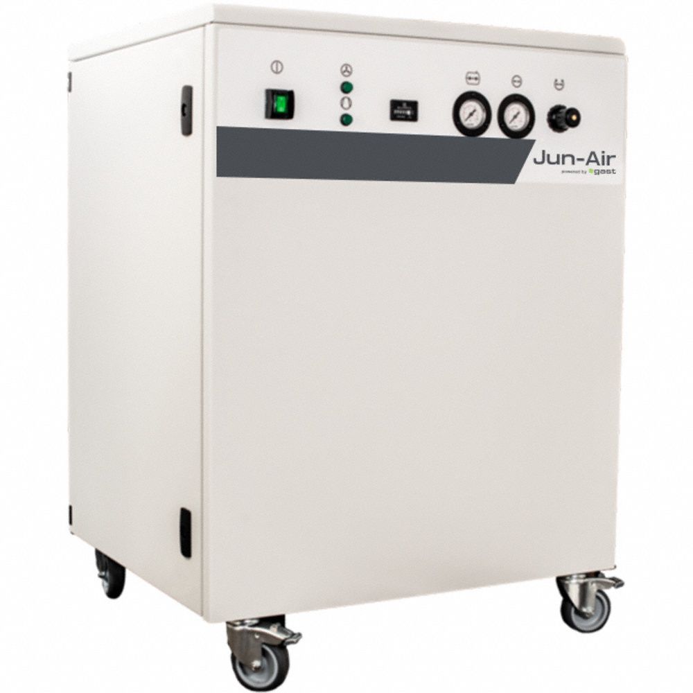JUN-AIR Electric Air Compressor: Enclosed, Oil Free, 4 hp, 5.5 cfm, 120 psi Max Op Pressure, 230V AC (MPN 1206330). Key specifications — attr50806: 230V AC; attr50800: 5.5 cfm; attr100072: Desiccant Air Dryer; attr50788: JUN-AIR.
