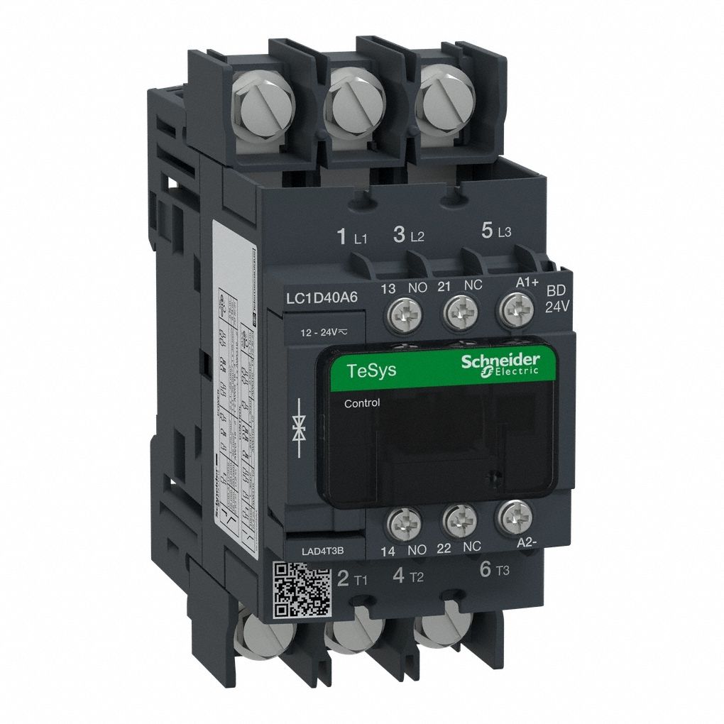 IEC Magnetic Contactor: Non-Reversing, 3 Poles, 3NO Contacts, 40 A, 24V DC Coil, 1NO/1NC