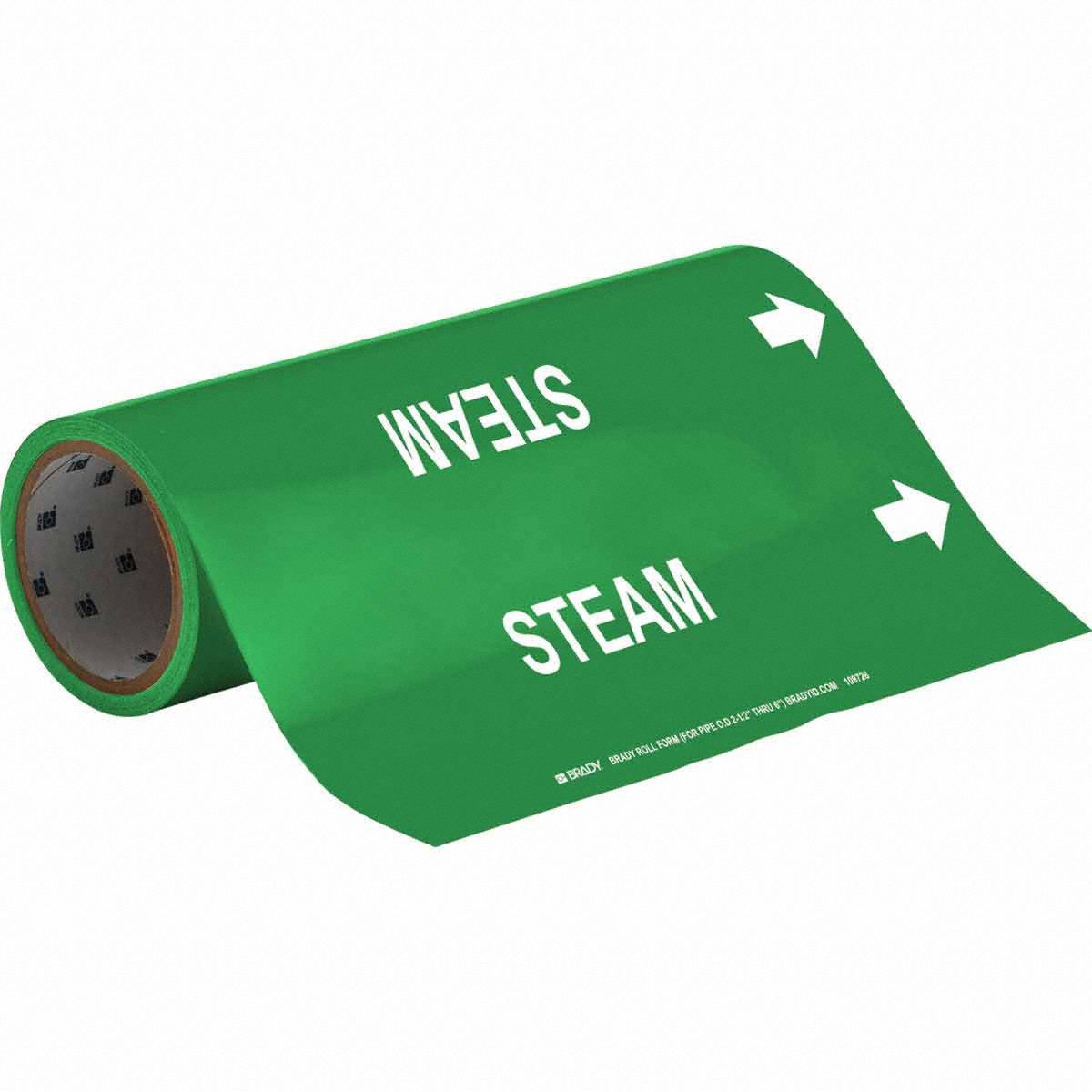 Pipe Marker: Steam, Green, White, Fits 2 1/2 to 6 in Pipe O.D., 30 Pipe Markers, With Arrows
