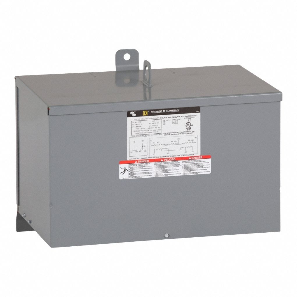 Dry Type Power Distribution Transformer: 480V AC, 120V AC/208V AC Wye, 3R, Wall, Copper