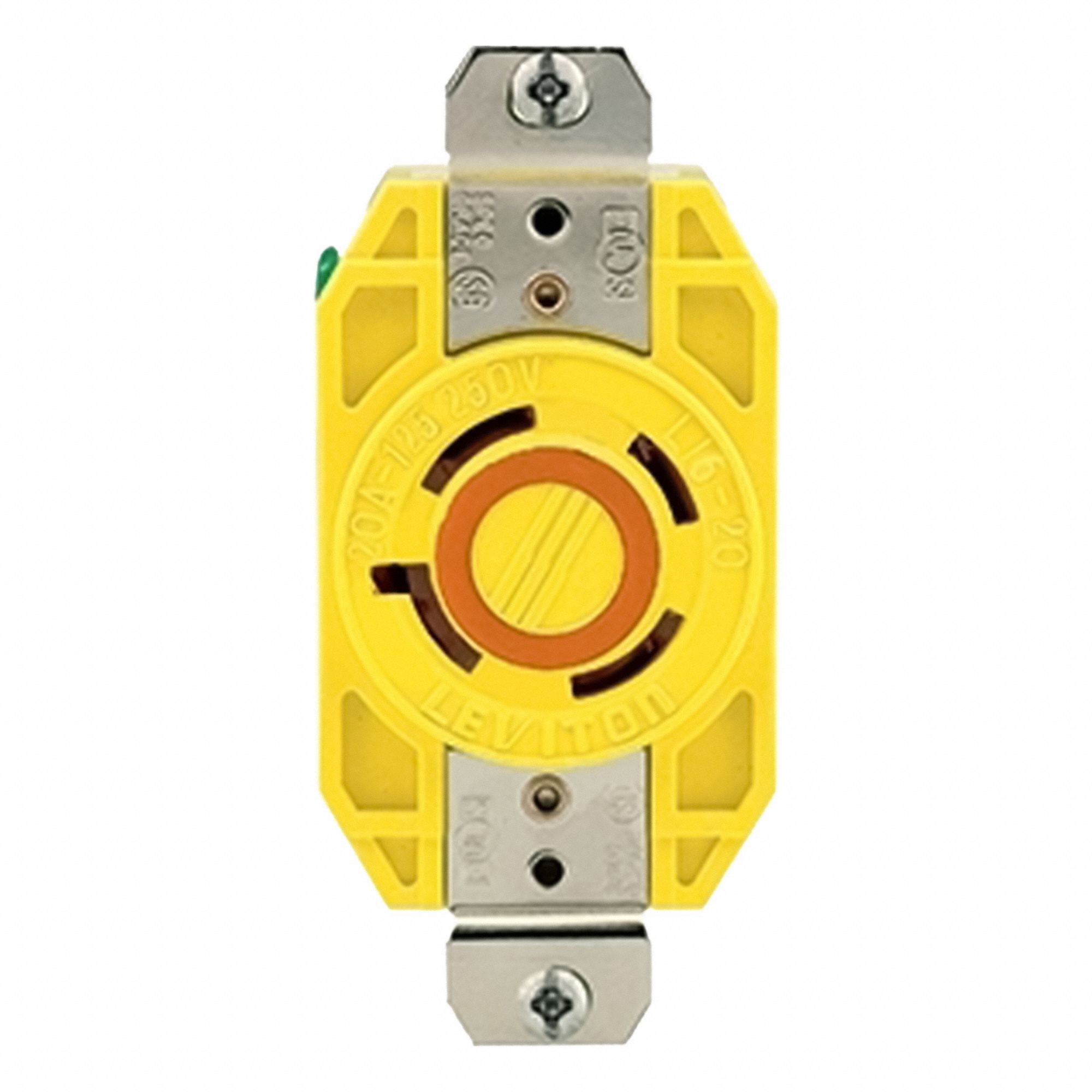 Flush Mounting Lock Receptacle: L16-20R, 20 A, 480V AC, Yellow, 3 Poles, Shrouded