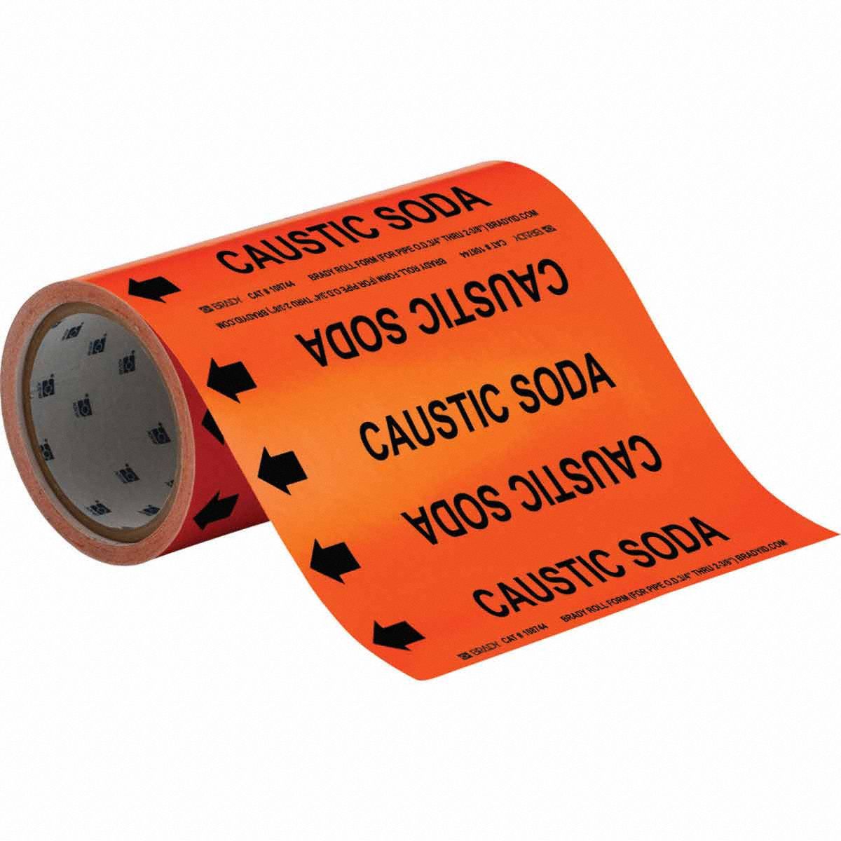 Pipe Marker: Caustic Soda, Orange, Black, Fits 2 in and Smaller Pipe O.D., 30 Pipe Markers