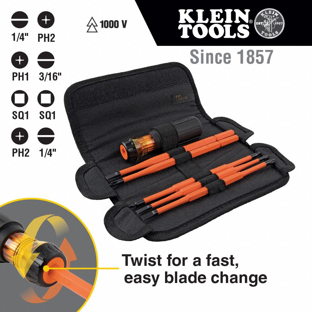 KLEIN TOOLS, Phillips/Slotted/Square Tip, #1/1/4 in/#2/3/16 in Tip