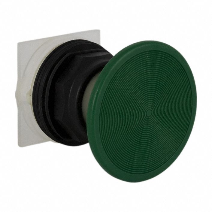 Mushroom Head Push Button: Green, 30 mm Mounting Size, Non-Metallic, Momentary