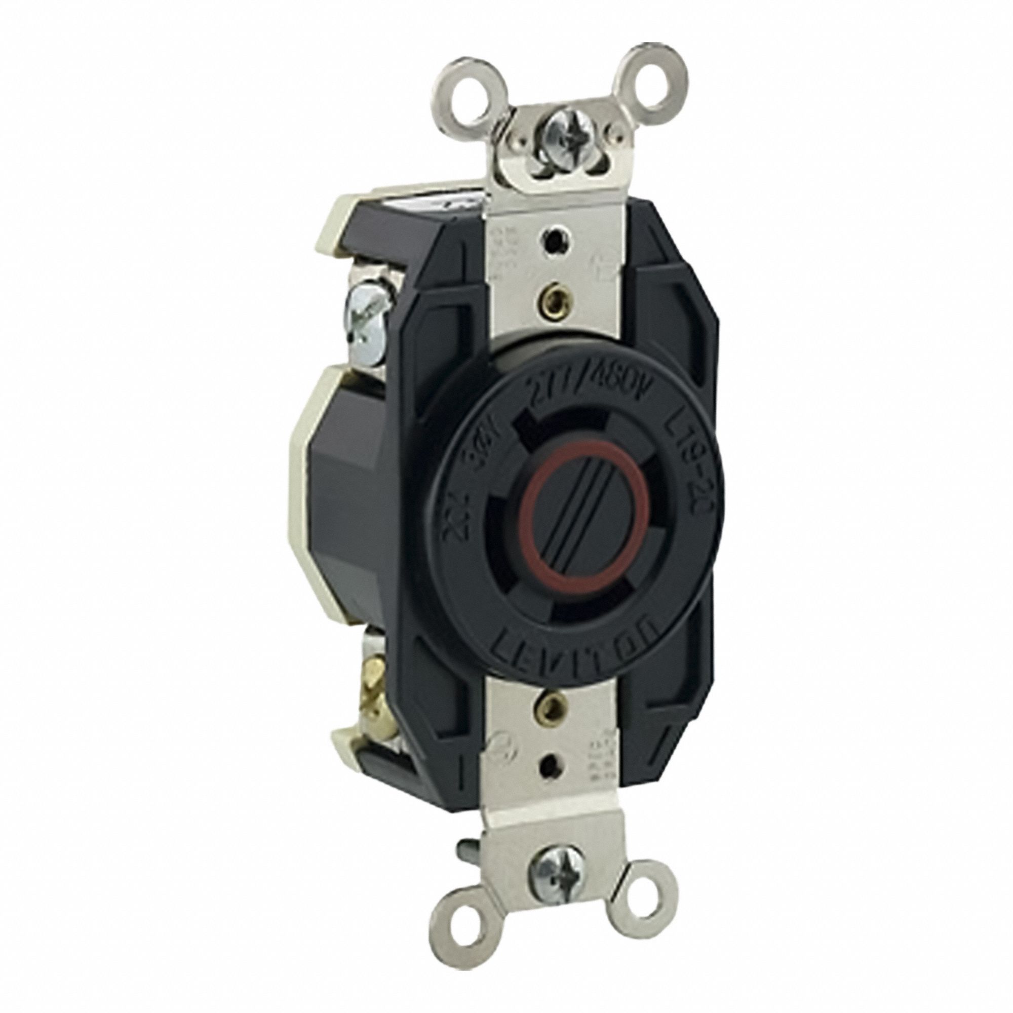 Flush Mounting Lock Receptacle: L19-20R, 20 A, 277/480V AC, Black, 4 Poles, Shrouded