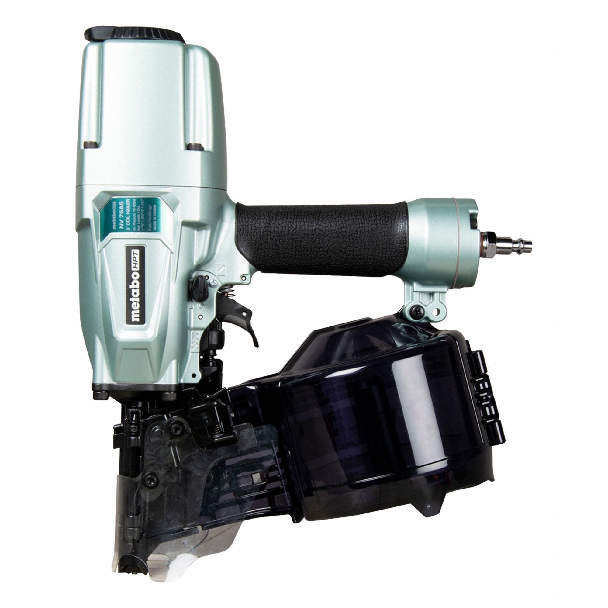 METABO HPT Air Nail Gun: Framing, 16°, Plastic/Wire, 3/8 in NPT, Bump/Sequential, Coil Collation (MPN NV75A5M). Key specifications — attr1320923: METABO HPT; attr1320894: Bump.
