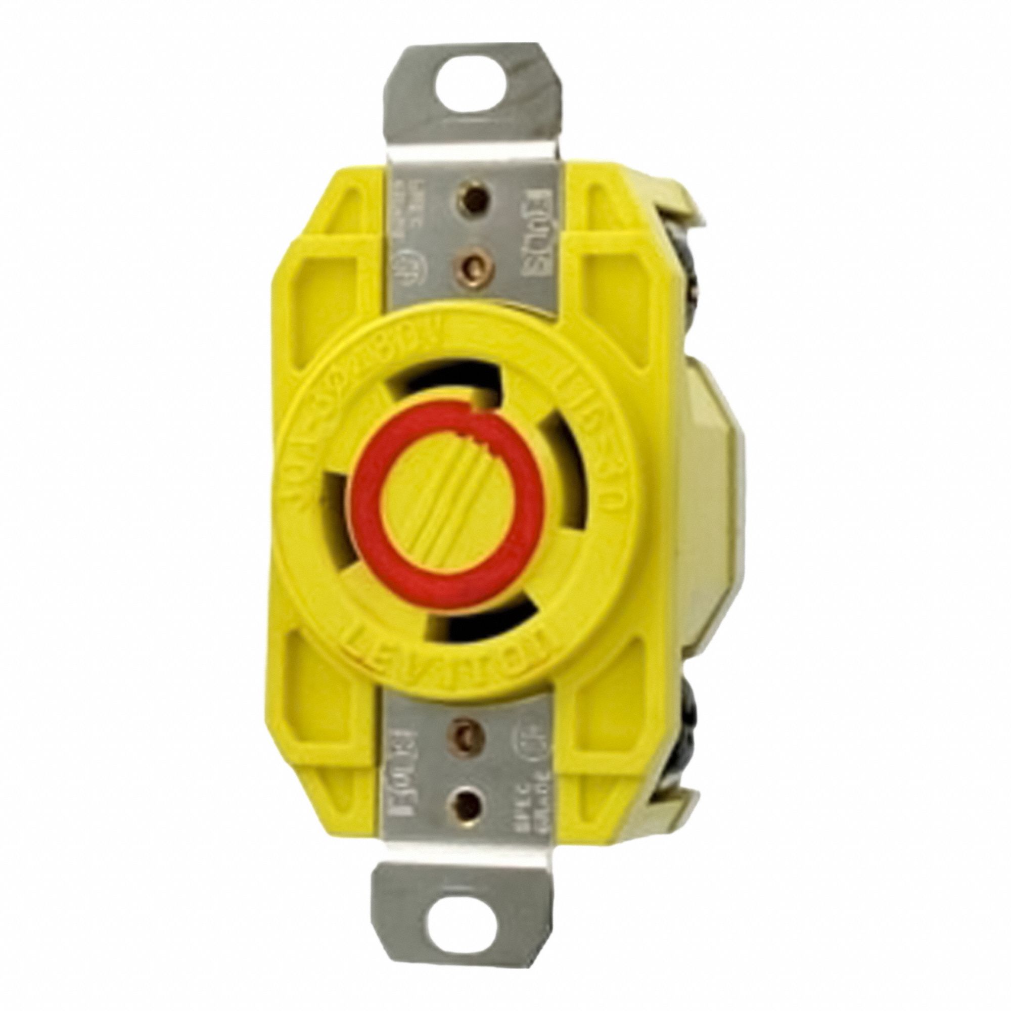 Flush Mounting Lock Receptacle: L16-30R, 30 A, 600V AC, Yellow, 3 Poles, Shrouded