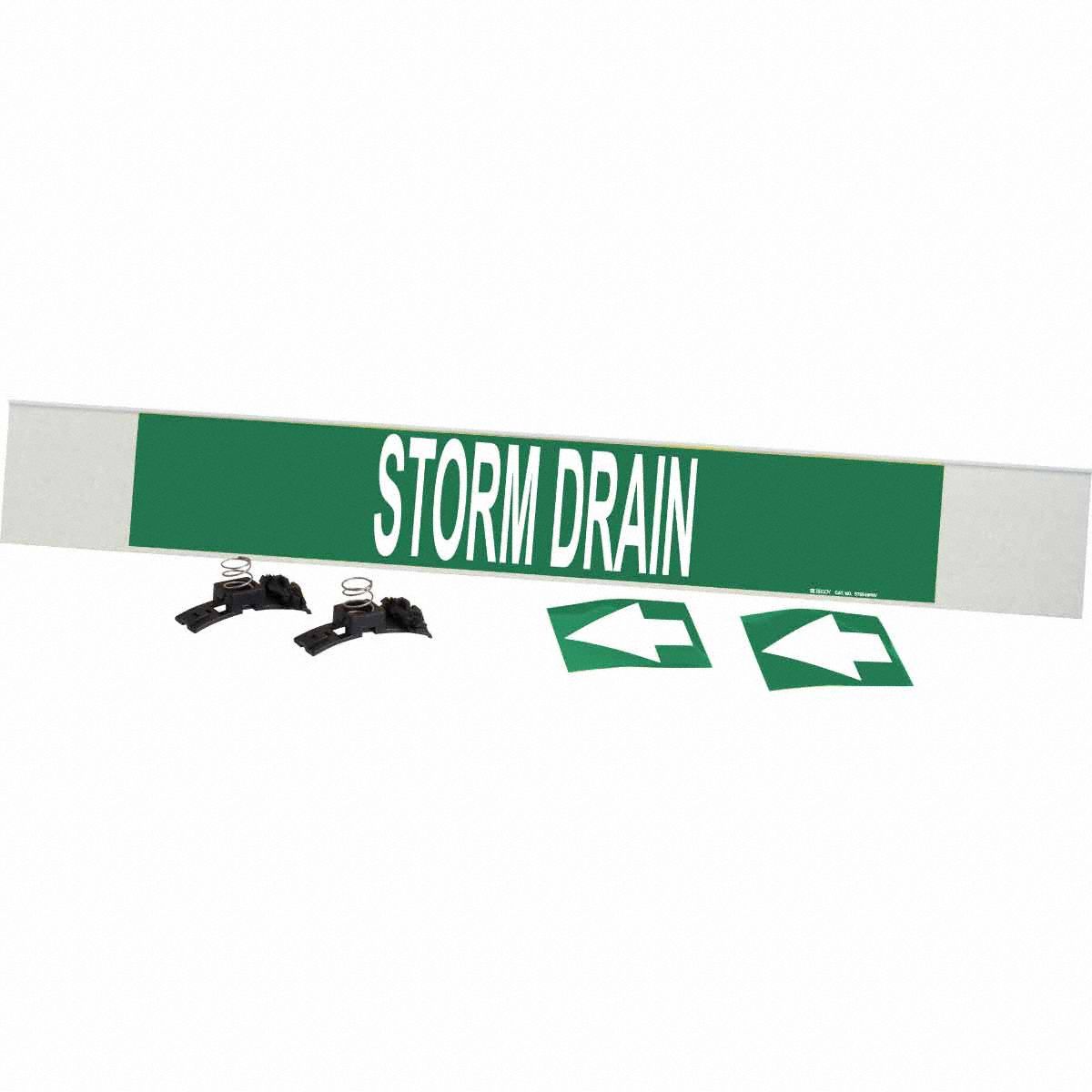 Pipe Marker: Storm Drain, Green, White, Fits 8 in and Larger Pipe O.D., 1 Pipe Markers, With Arrows