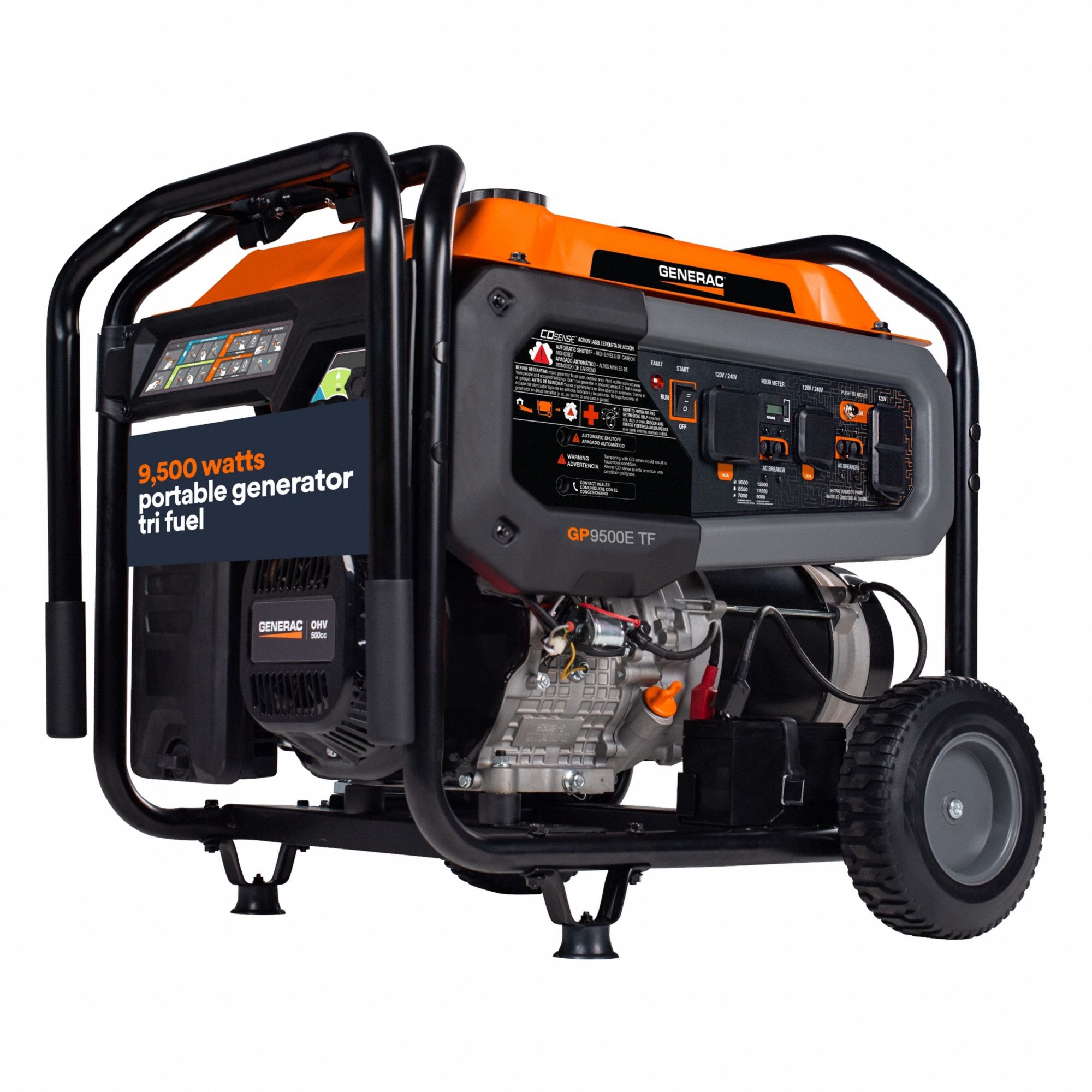 Portable Generator: Conventional, Gasoline/Natural Gas/Propane, 9, 500 W Running, 120/240V AC