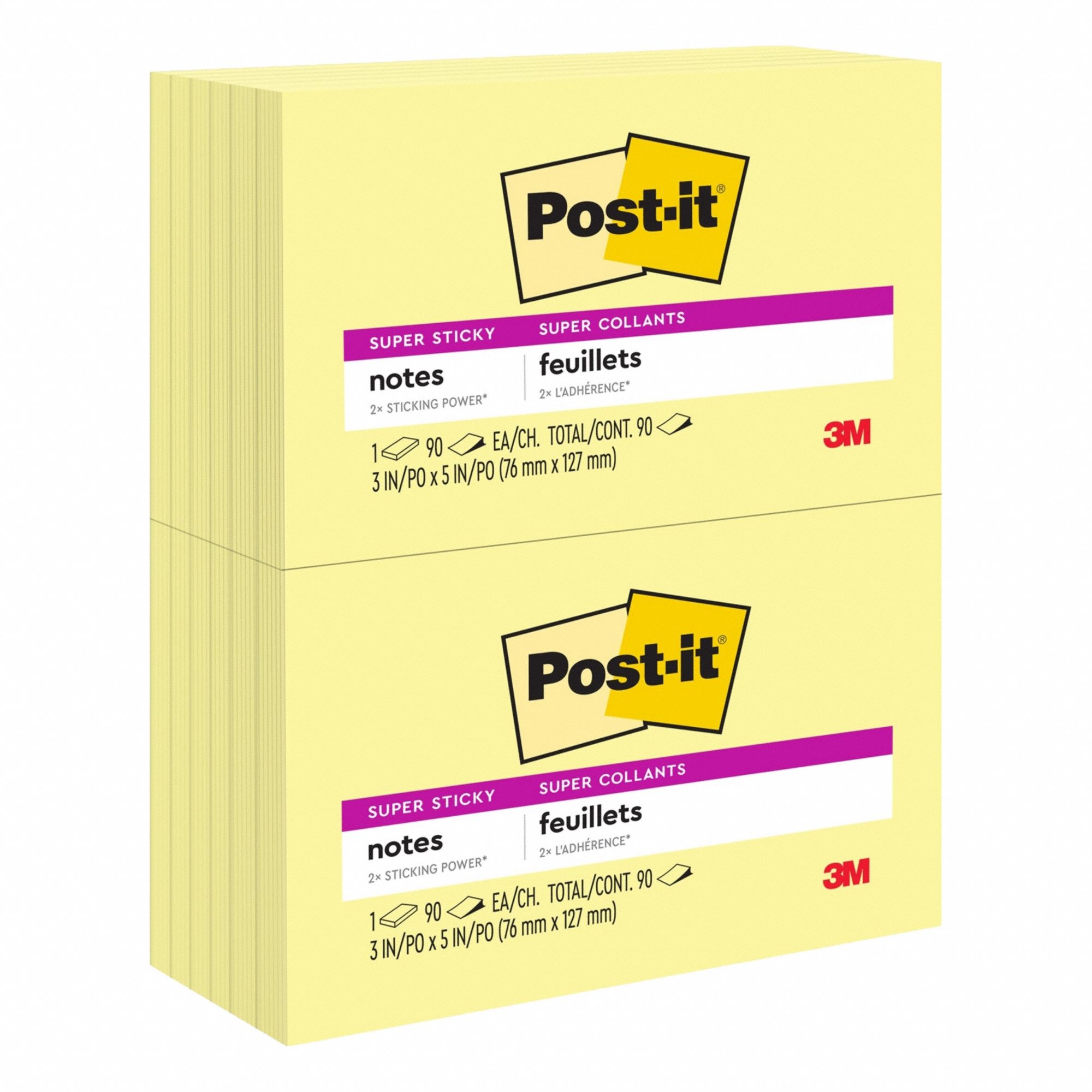 Sticky Notes: Yellow, Super Sticky, 90 Sheets per Pad, 12 Pads per Pack, 3 in x 5 in, 12 PK