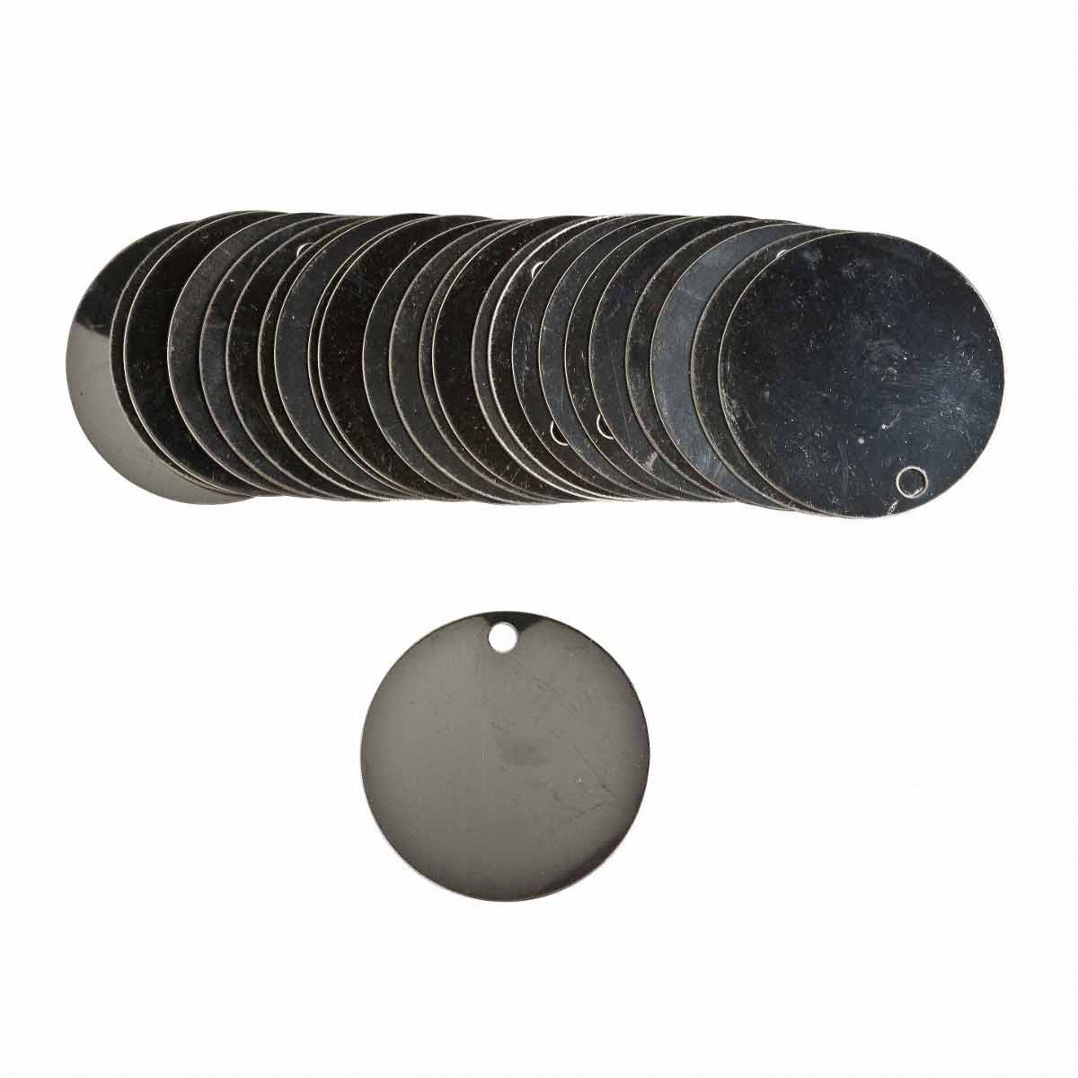 Blank Tags: Stainless Steel, 1 1/2 in Dia, Silver, 0.024 in Thick, Round, 1 1/2 in, 25 PK