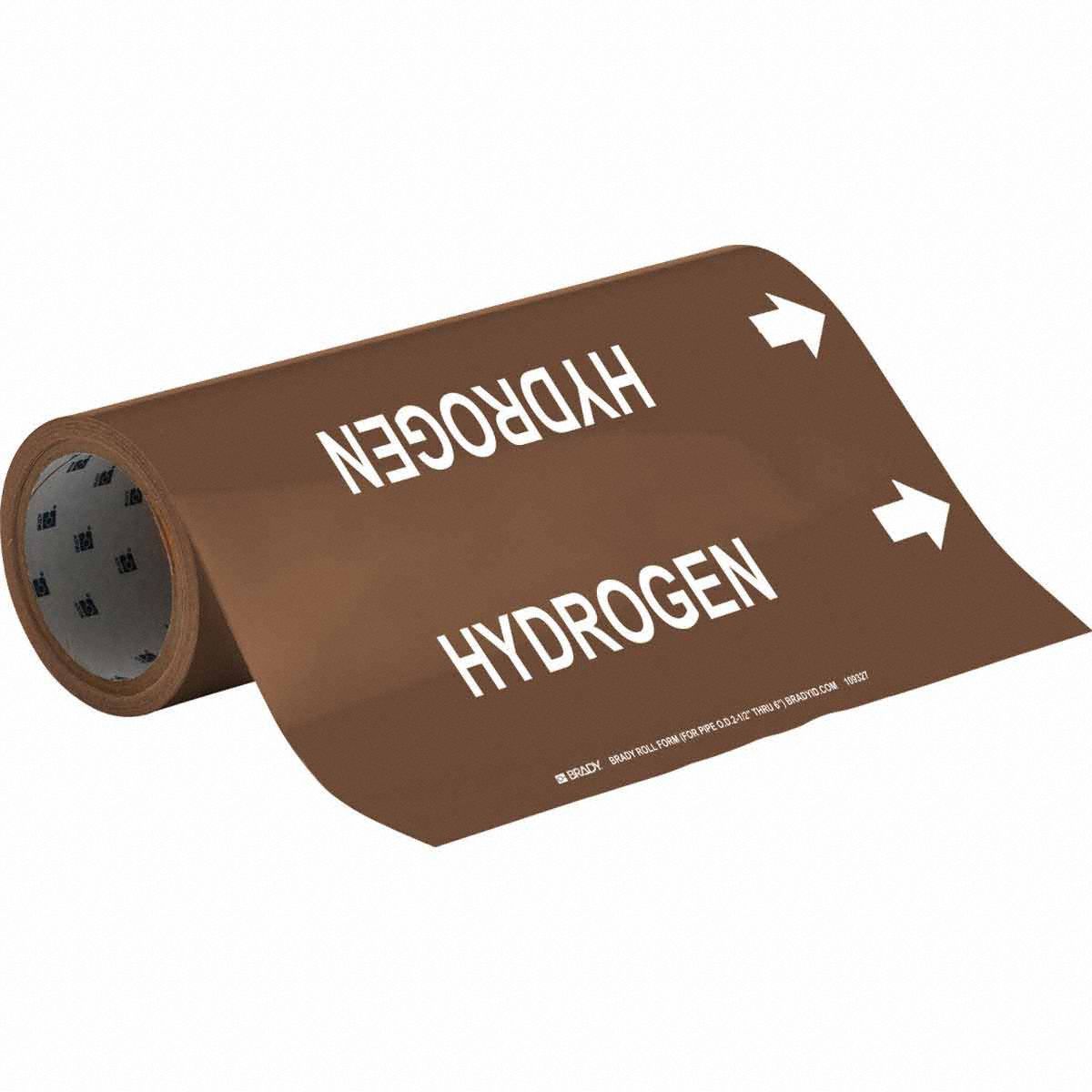 Pipe Marker: Hydrogen, Brown, White, Fits 2 1/2 to 6 in Pipe O.D., 30 Pipe Markers, With Arrows