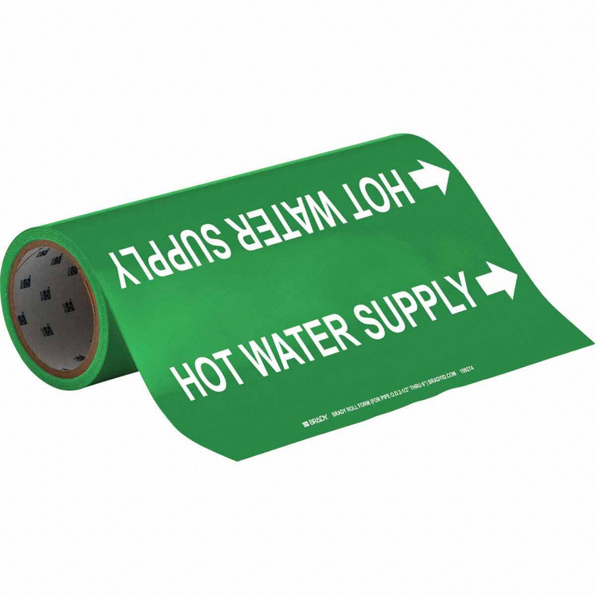 Pipe Marker: Hot Water Supply, Green, White, Fits 2 1/2 to 6 in Pipe O.D., 30 Pipe Markers