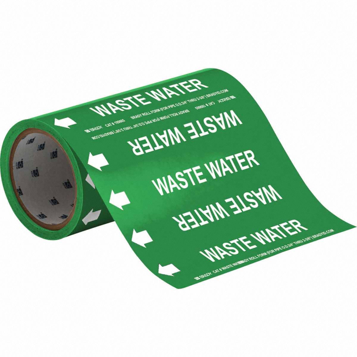 Pipe Marker: Waste Water, Green, White, Fits 2 in and Smaller Pipe O.D., 30 Pipe Markers