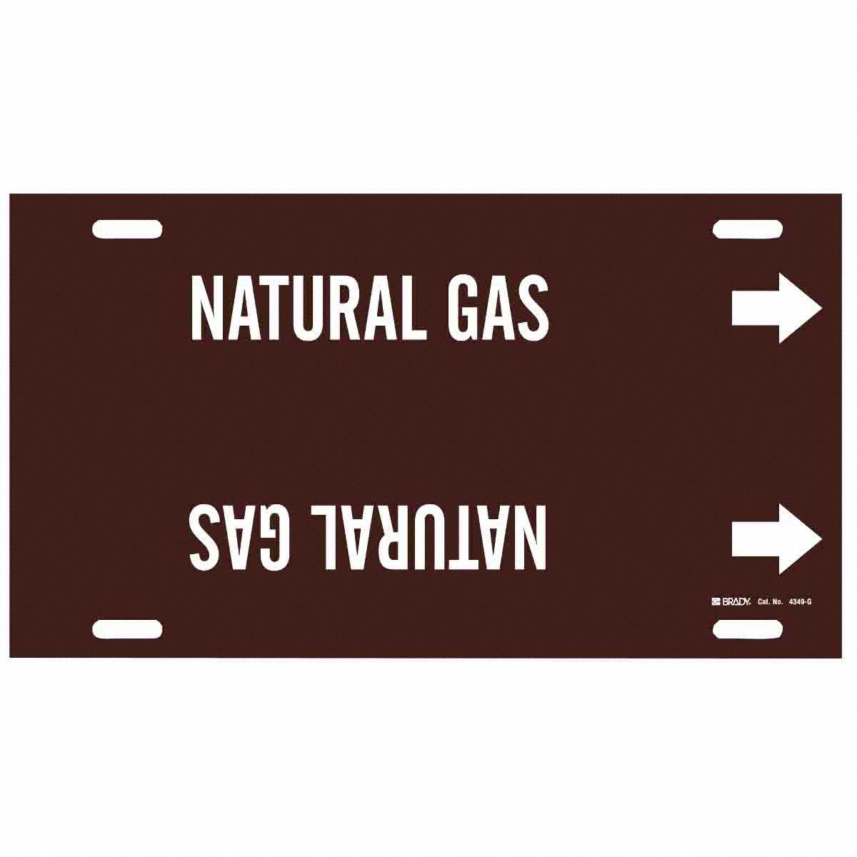 Pipe Marker: Natural Gas, Brown, White, Fits 8 to 9 7/8 in Pipe O.D., 1 Pipe Markers, With Arrows
