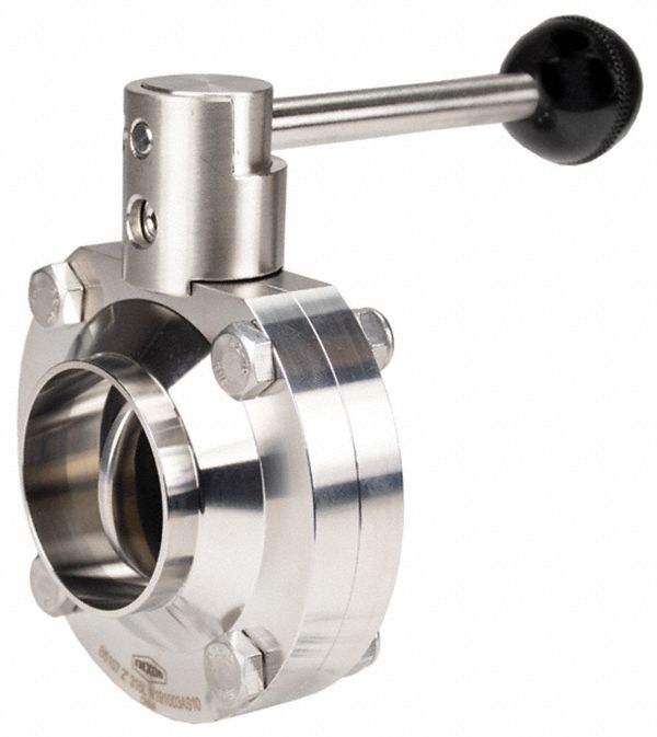DIXON Butterfly Valve: 1 1/2 in Pipe Size, Solder, 140 psi Max. Pressure (CWP), 316L Stainless Steel (MPN B5107E150BB-A). Key specifications — Average Surface Roughness (Ra): ≤ 32 micron; Brand: DIXON; Stop Positions: 4; Handle Type: Lever; Body Material: 316L SS; Disc Material: 316L SS.