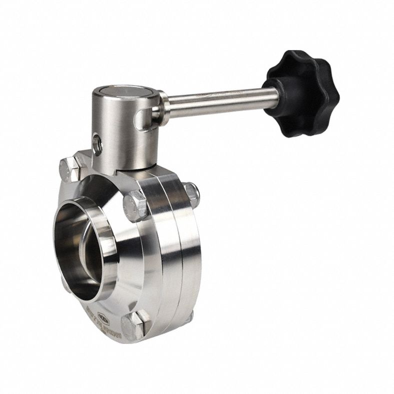DIXON Butterfly Valve: 1 1/2 in Pipe Size, Solder, 140 psi Max. Pressure (CWP), 316L Stainless Steel (MPN B5107E150BB-B). Key specifications — Average Surface Roughness (Ra): ≤ 32 micron; Brand: DIXON; Stop Positions: Unlimited; Handle Type: Lever; Body Material: 316L SS; Disc Material: 316L SS.