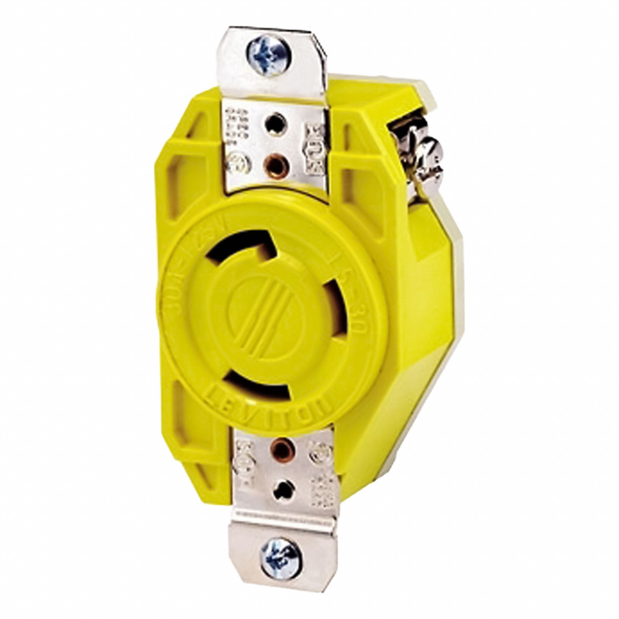 Flush Mounting Lock Receptacle: L5-30R, 30 A, 125V AC, Yellow, 2 Poles, Shrouded