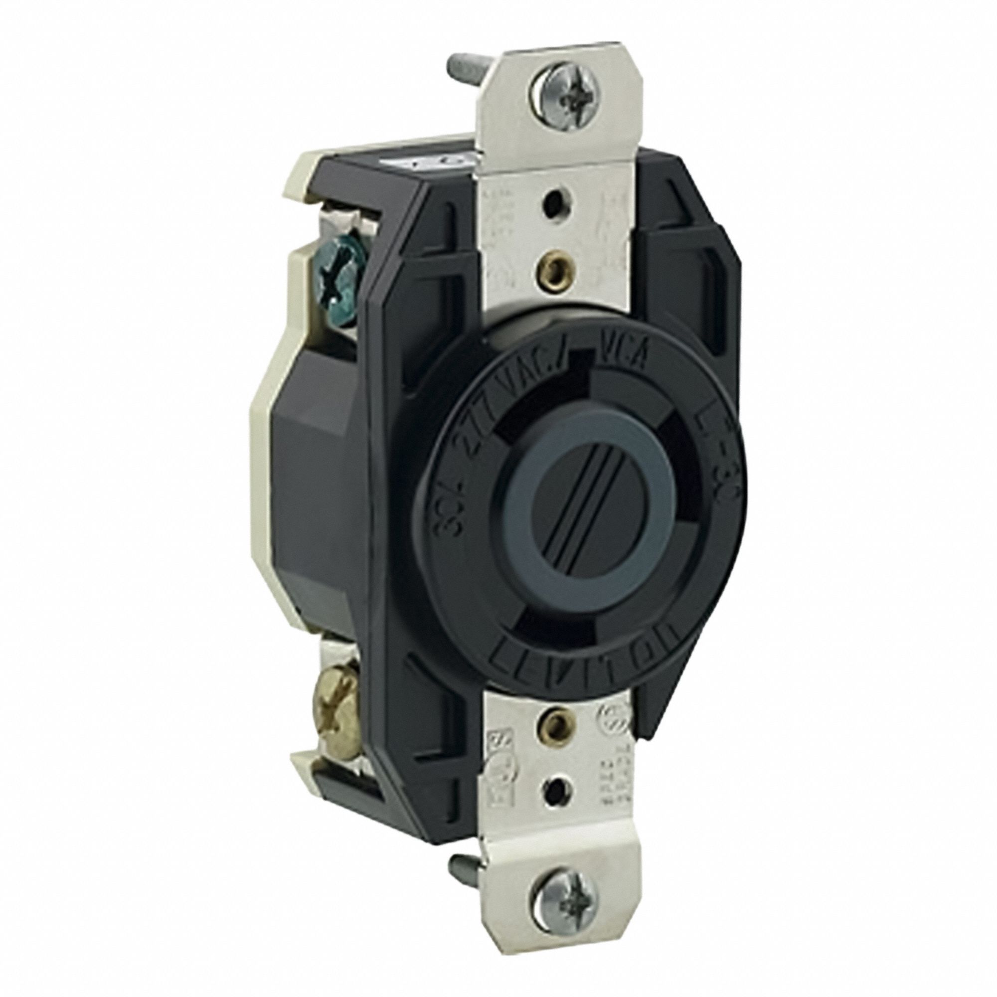 Flush Mounting Lock Receptacle: L7-30R, 30 A, 277V AC, Black, 2 Poles, Shrouded