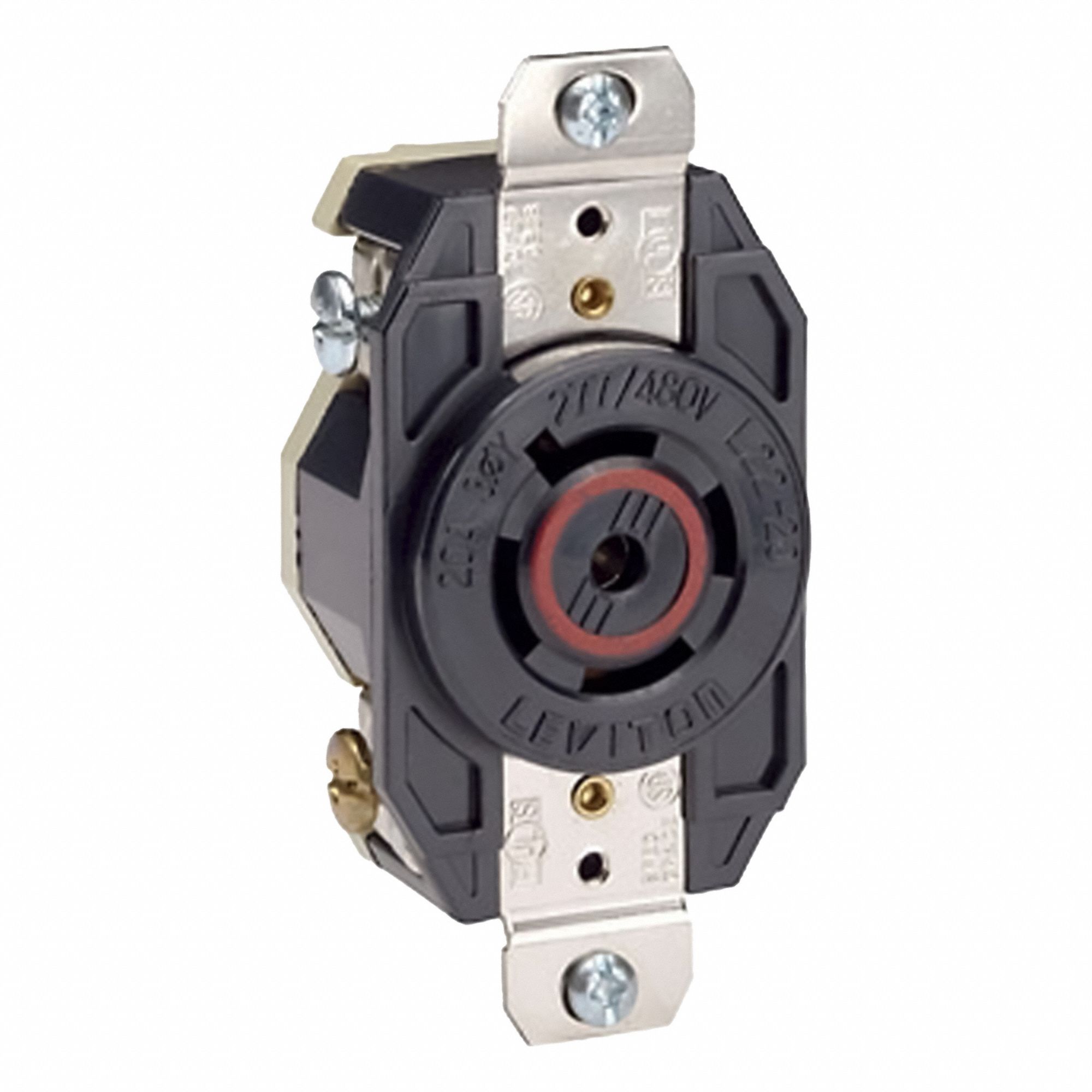 Flush Mounting Lock Receptacle: L22-20R, 20 A, 277/480V AC, Black, 4 Poles, Shrouded