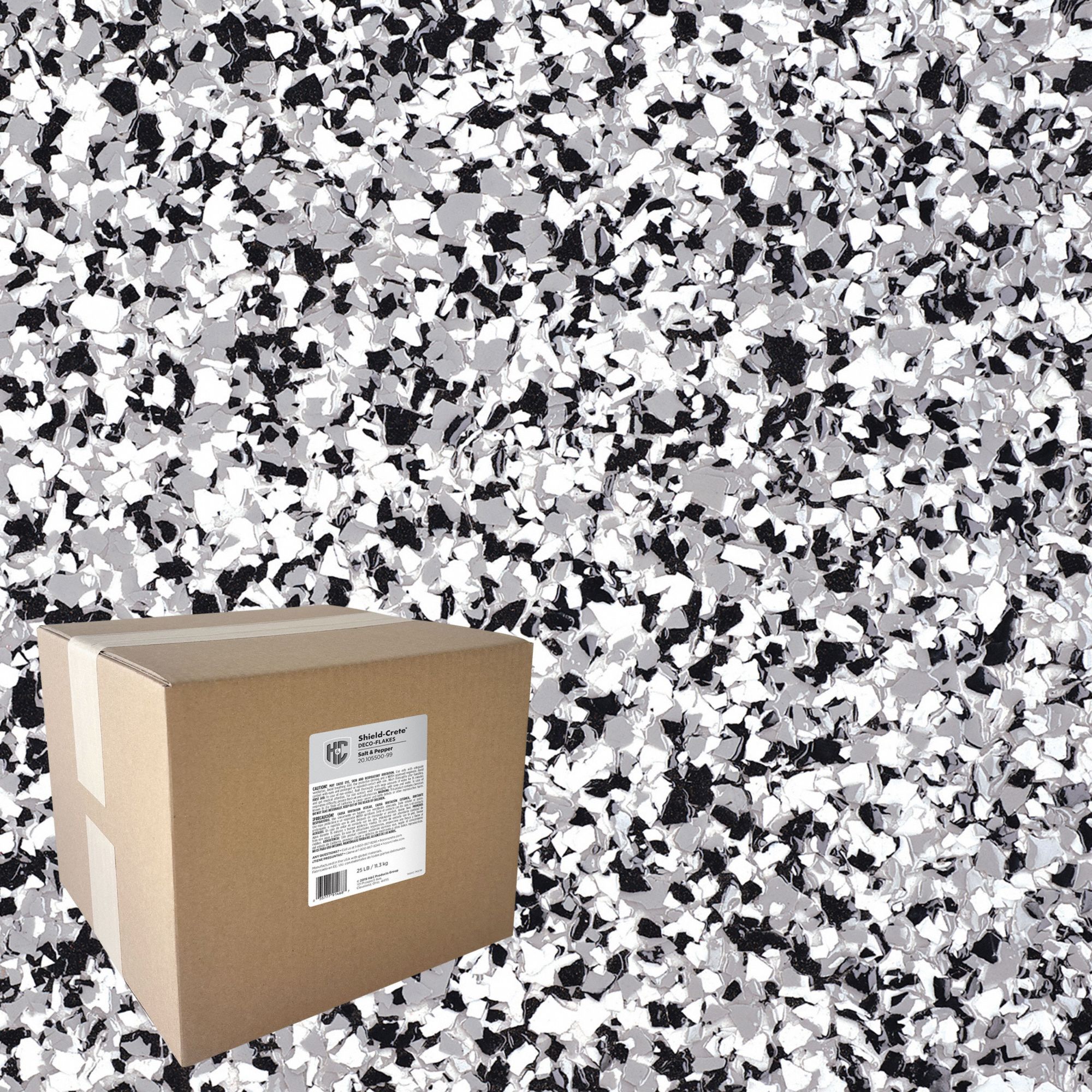 Floor Chips: Black/Gray/White, 250 lb/sq ft Coverage Area, Exterior/Interior, 5 gal Container