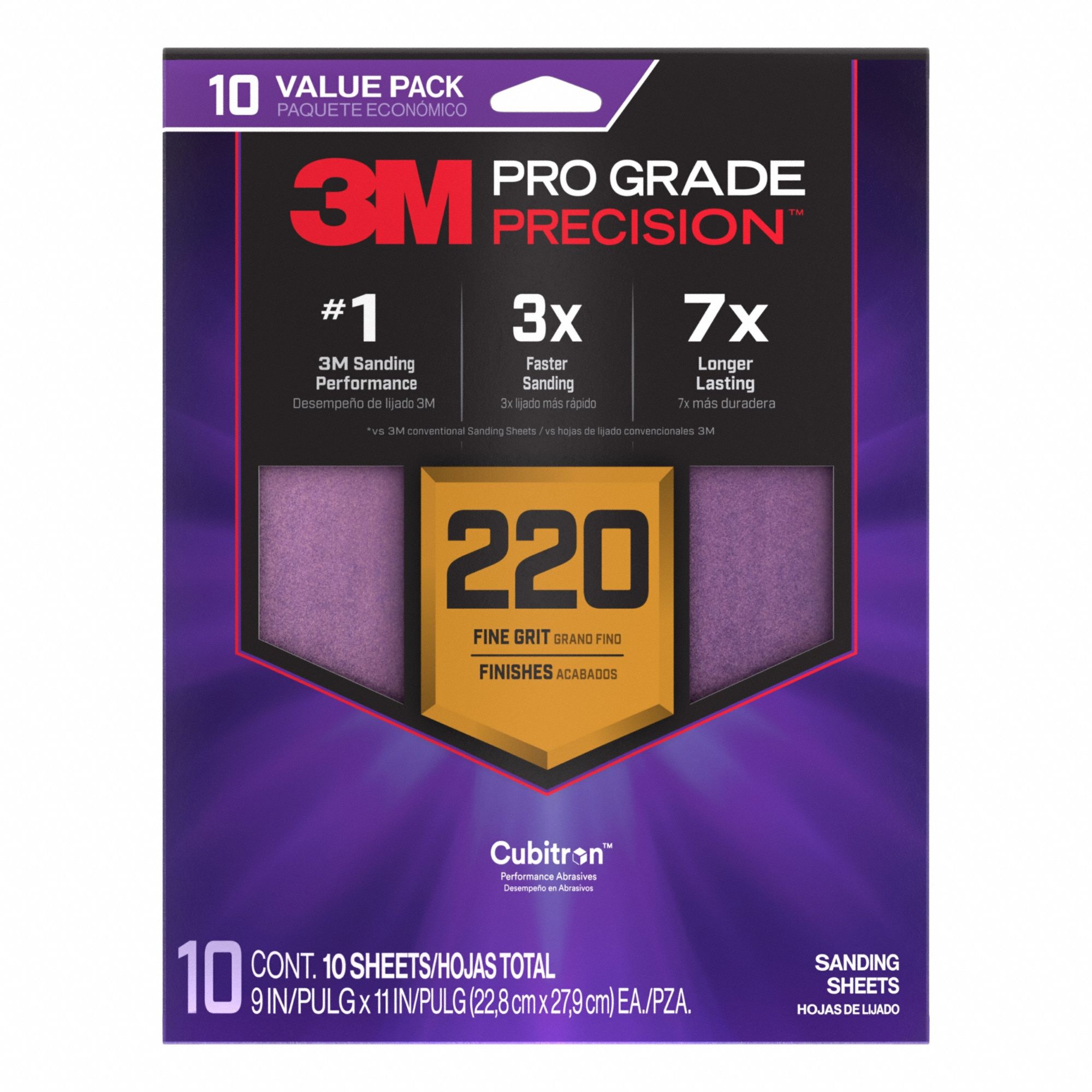 Sanding Sheet: 9 in W x 11 in L, Ceramic, 220 Grit, Pro Grade Precision, 10 PK