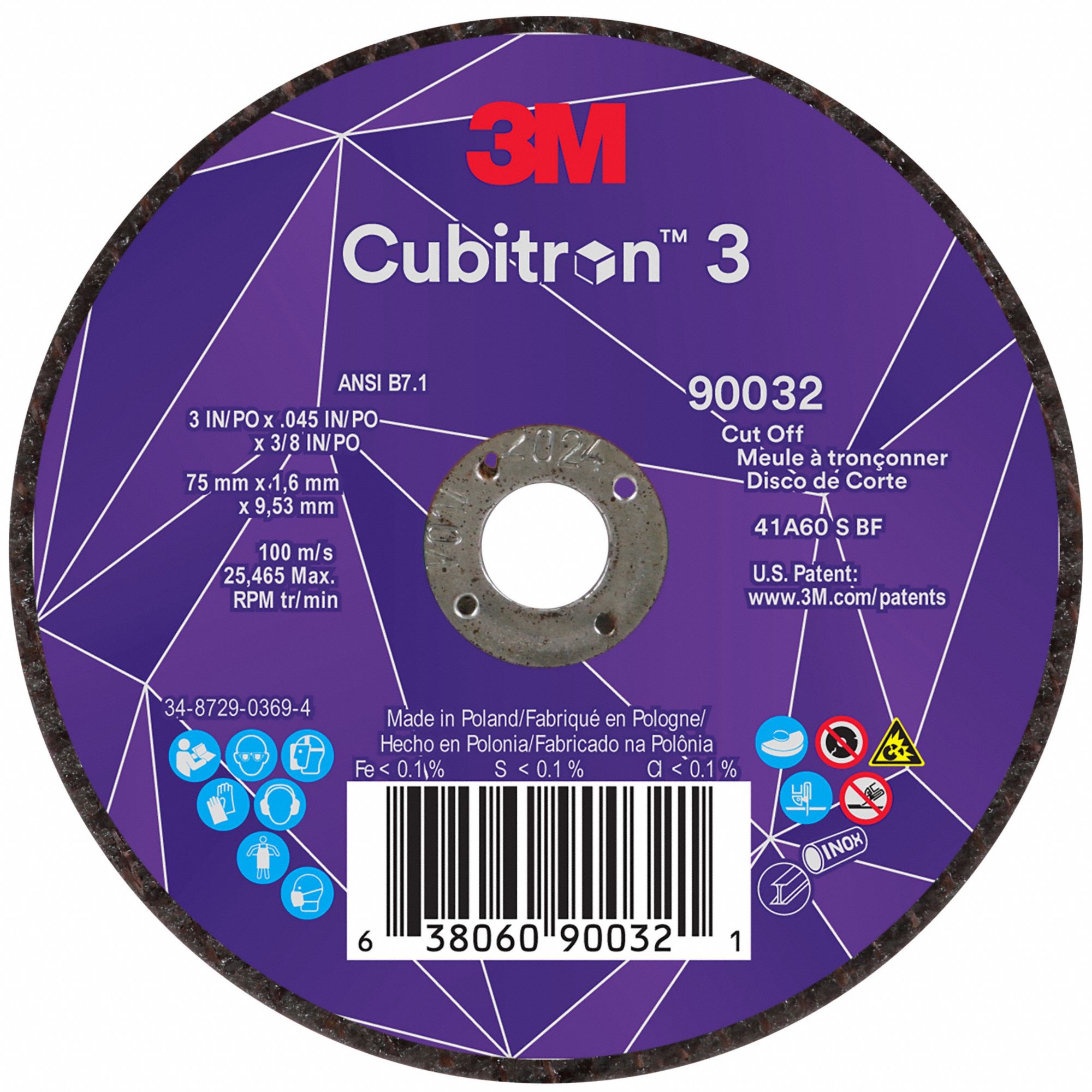 Abrasive Cut-Off Wheel: Type 1, 3" x 0.045" x 3/8", Ceramic, 60 Grit