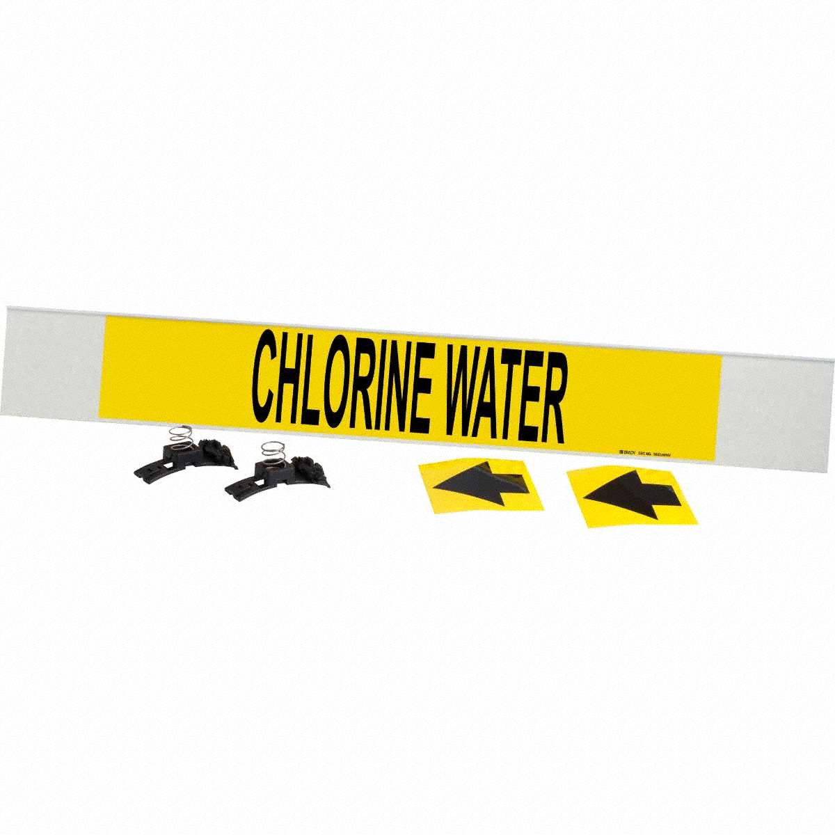 Pipe Marker: Chlorine Water, Yellow, Black, Fits 8 in and Larger Pipe O.D., 1 Pipe Markers