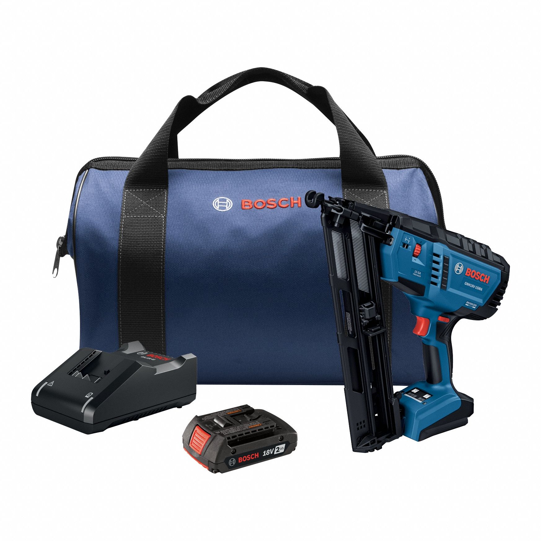 Nail Gun Kit: Finish, Bump, For 15 ga Nail Gauge, (1) 2.0 Ah, Adhesive, 34°, 18 V DC Volt