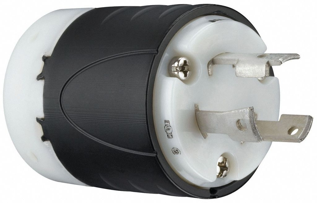 Locking Plug: L6-30P, 250V AC, 30 A, 2 Poles, Black/White, Screw Terminals