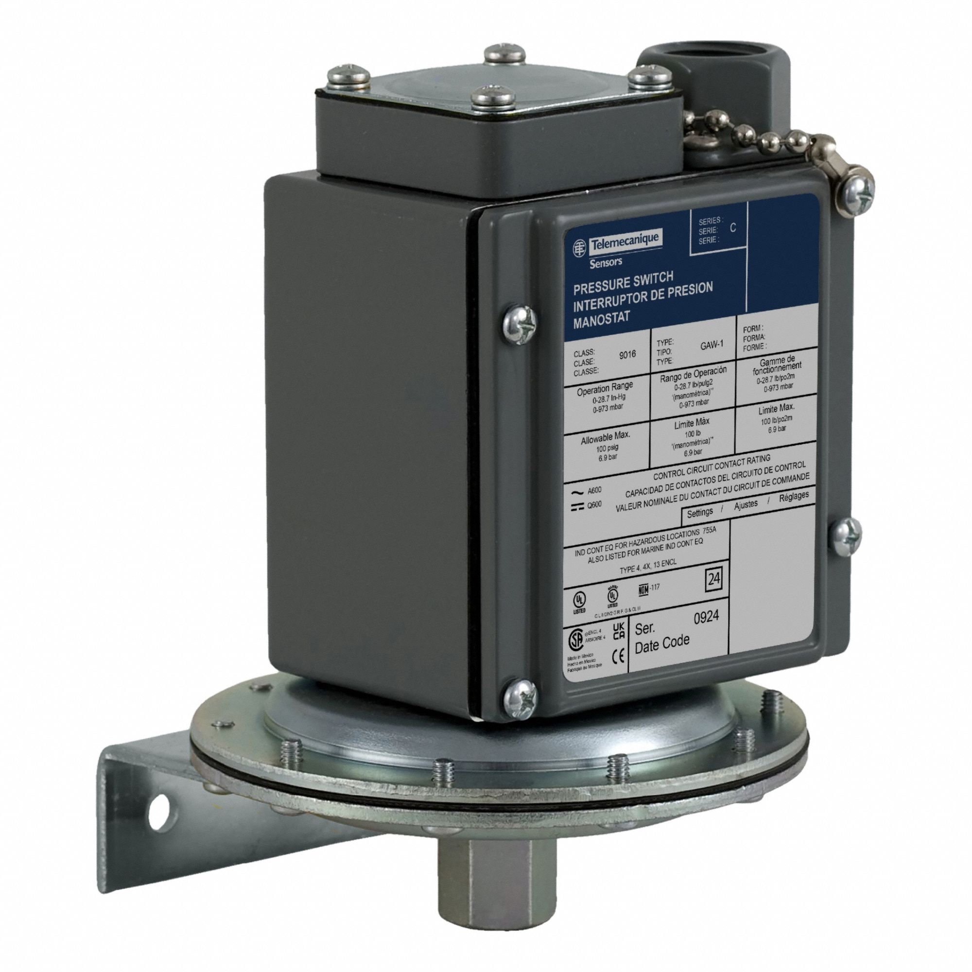 Vacuum Switch: 9016G, DPDT, 100 psi Pressure - Max, 1/4-18" NPTF