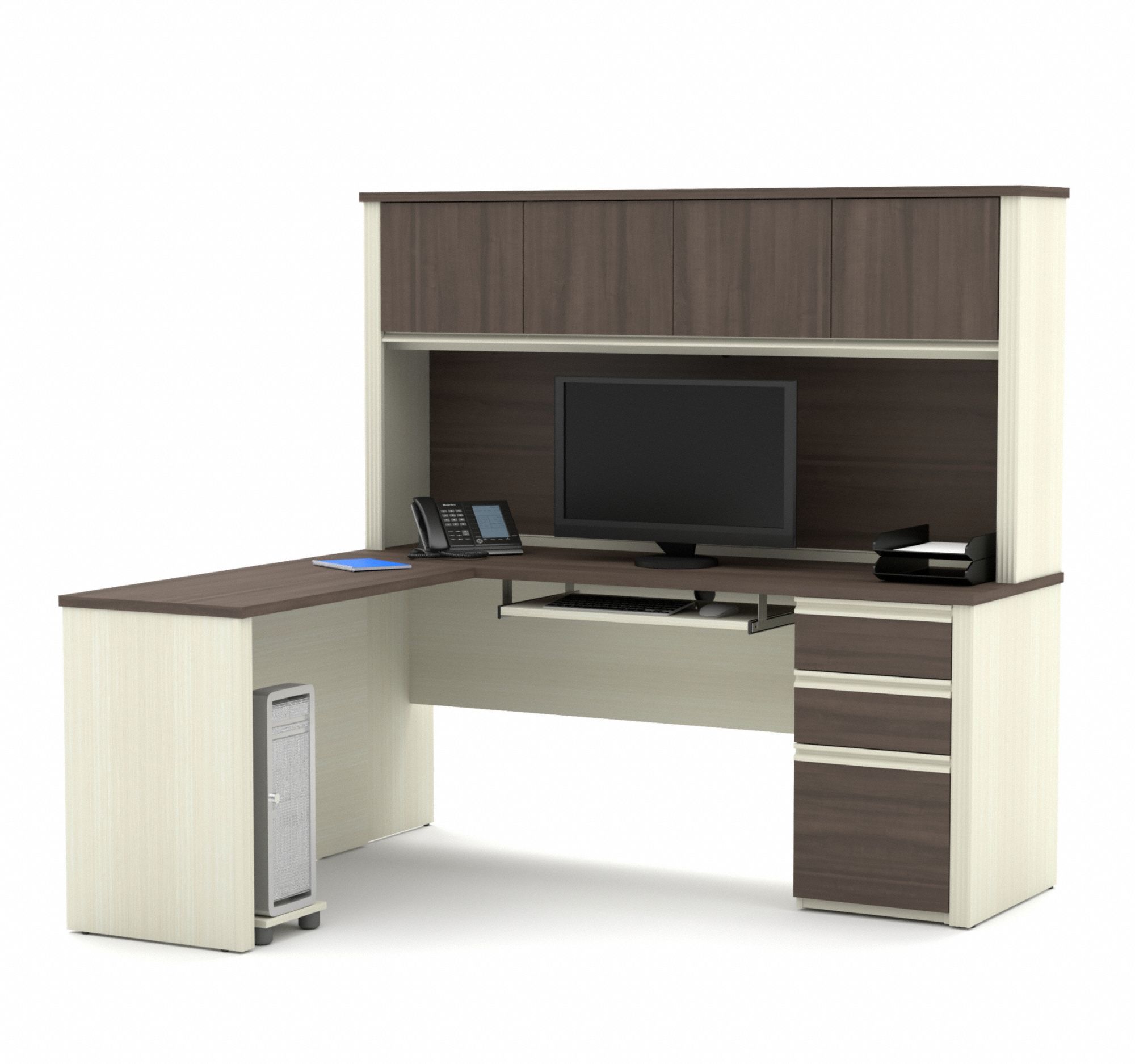 L-Shaped Office Desk: White Chocolate, 71 1/8 in Overall Wd, 62 3/4 in Overall Dp, Antigua